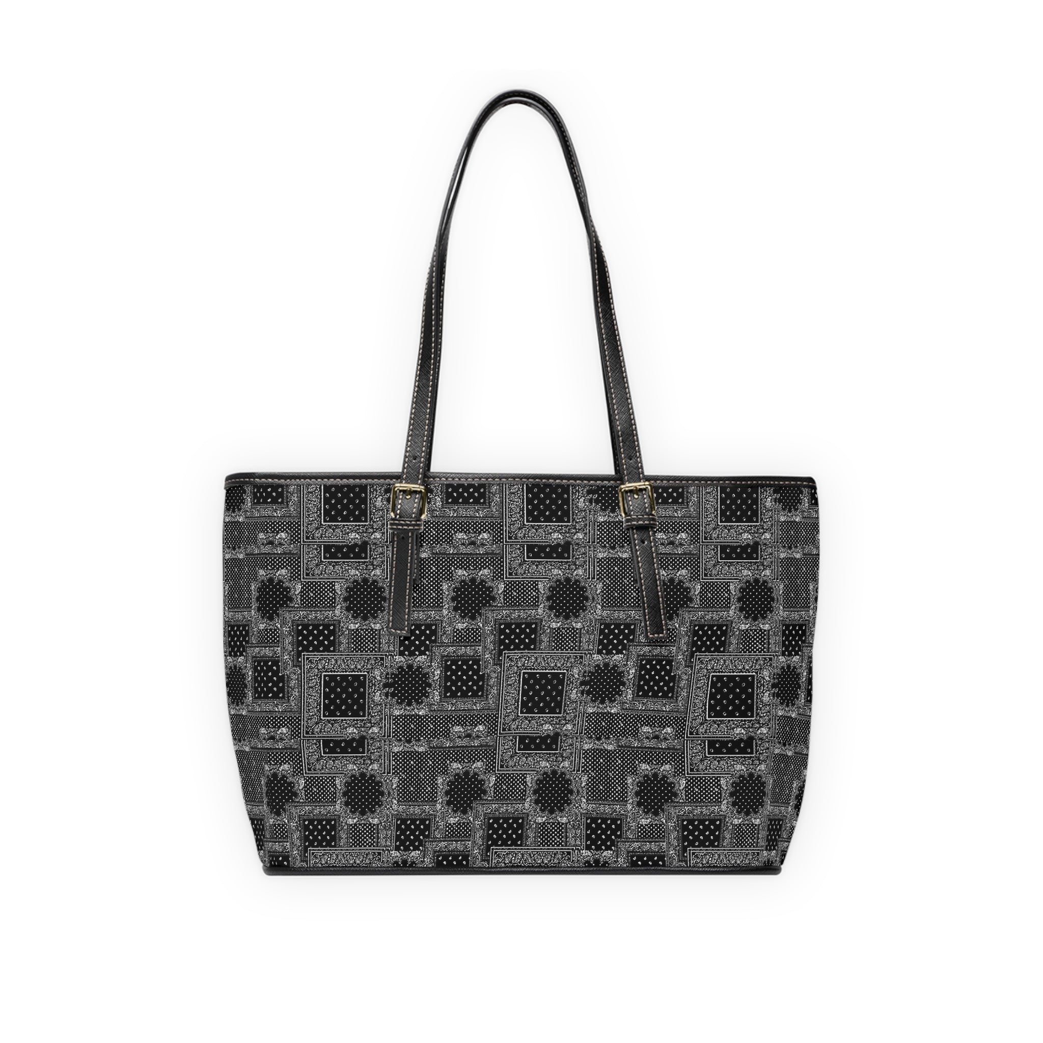 Black Patchwork PU Leather Shoulder Bag – Geometric Tote for Everyday Use
