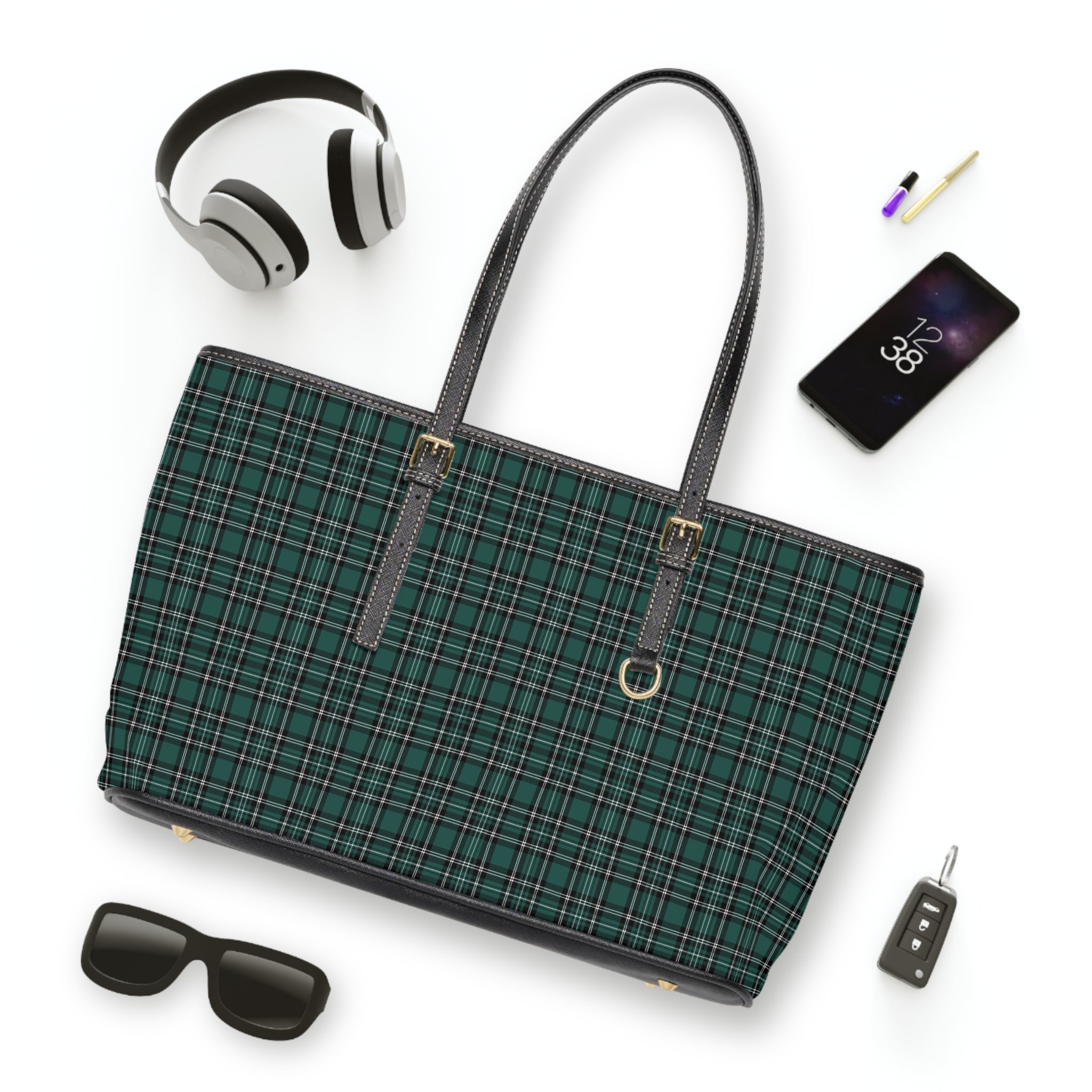 Green Tartan Plaid PU Leather Shoulder Bag
