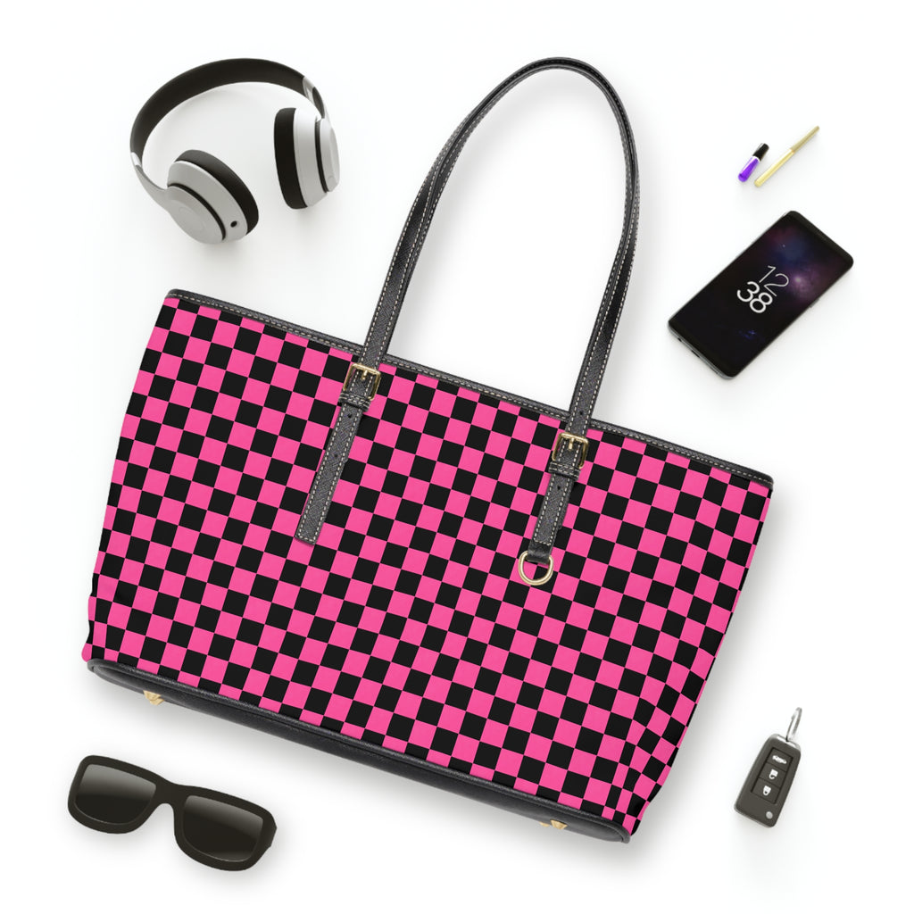 Pink & Black Checkerboard PU Shoulder Bag — Trendy Tote for Everyday Use