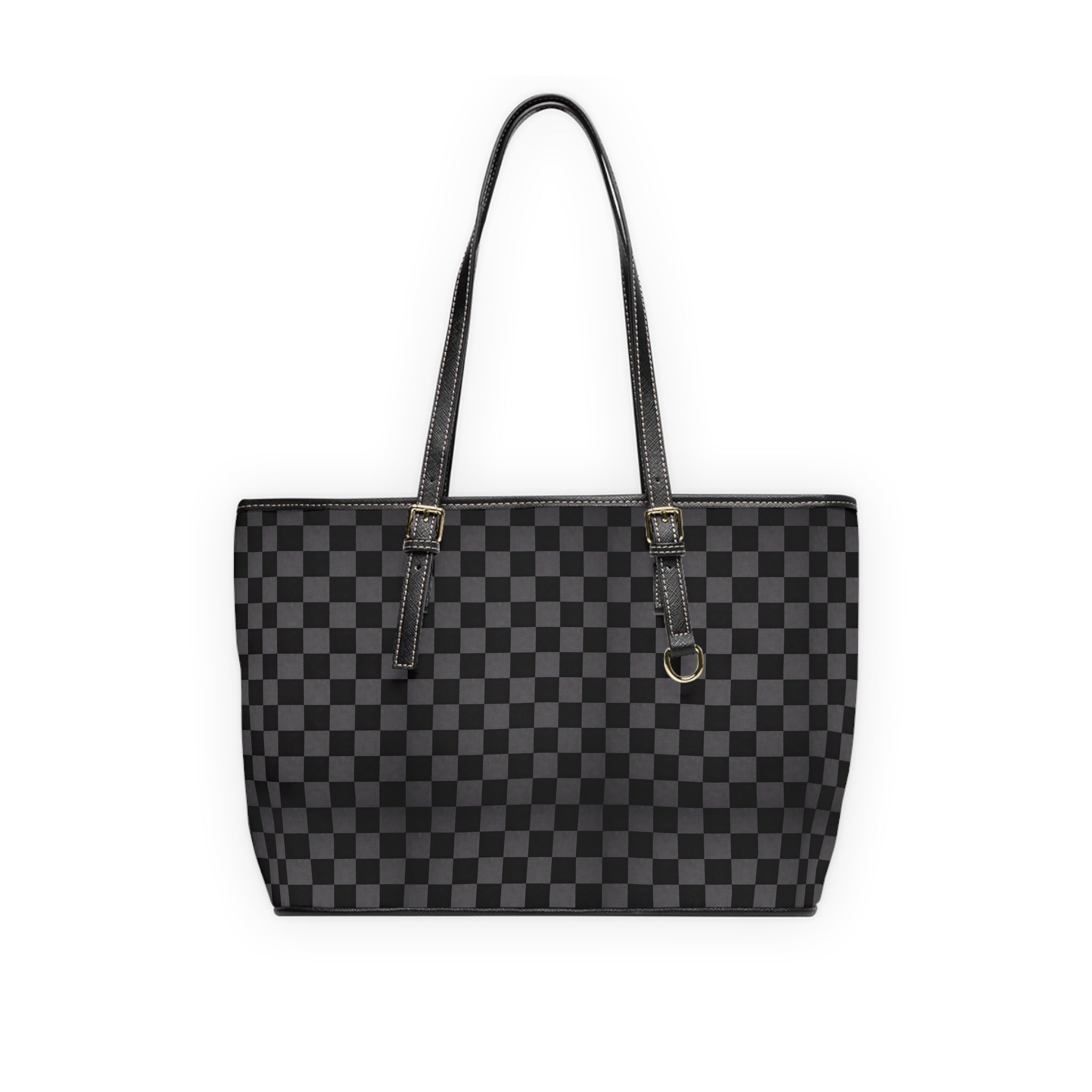 Checkered PU Leather Shoulder Bag — Stylish Black Tote for Everyday Use