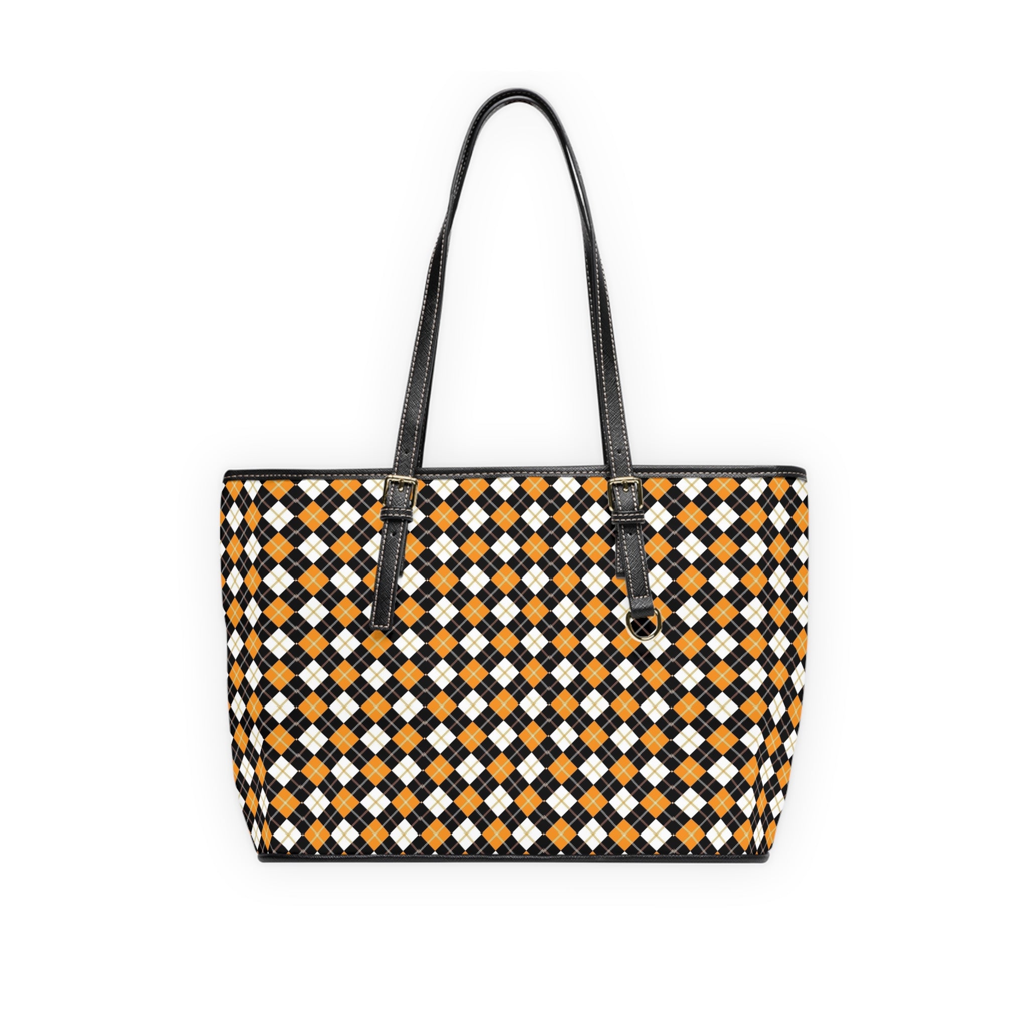 Black Orange White Argyle Pattern PU Leather Shoulder Bag | Plaid Tote