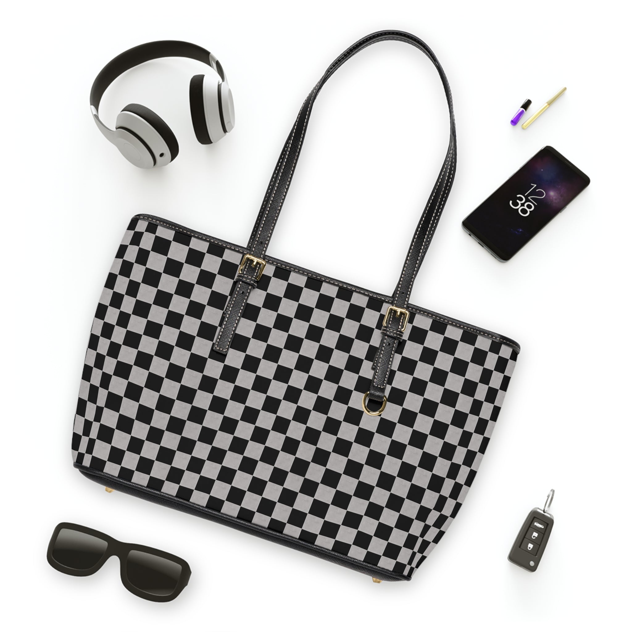 Checkered PU Leather Shoulder Bag — Black & White Tote with Classic Checkerboard Pattern