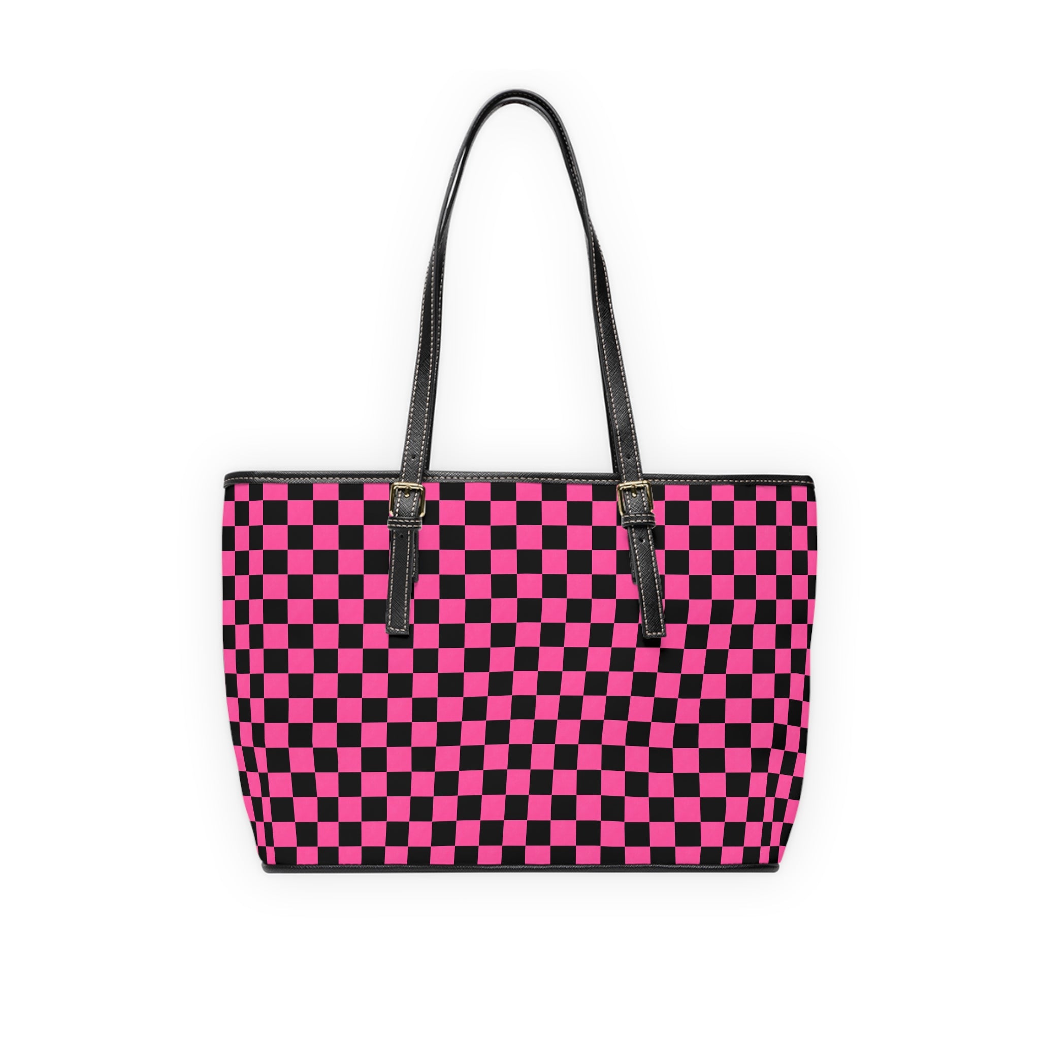 Pink & Black Checkerboard PU Shoulder Bag — Trendy Tote for Everyday Use