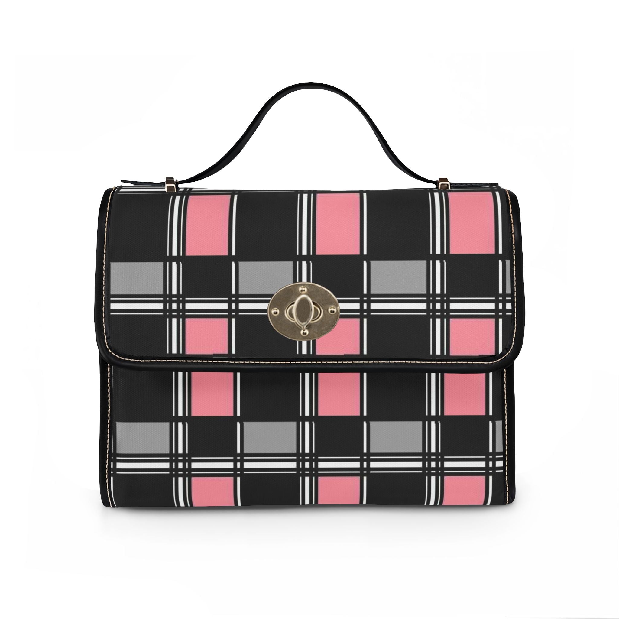 Pink Black Plaid Waterproof Canvas Bag | Checker Tote Purse