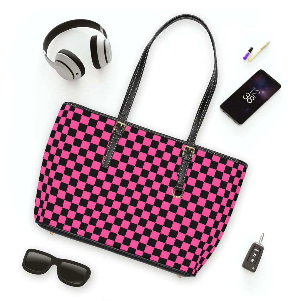 Pink & Black Checkerboard PU Shoulder Bag — Trendy Tote for Everyday Use