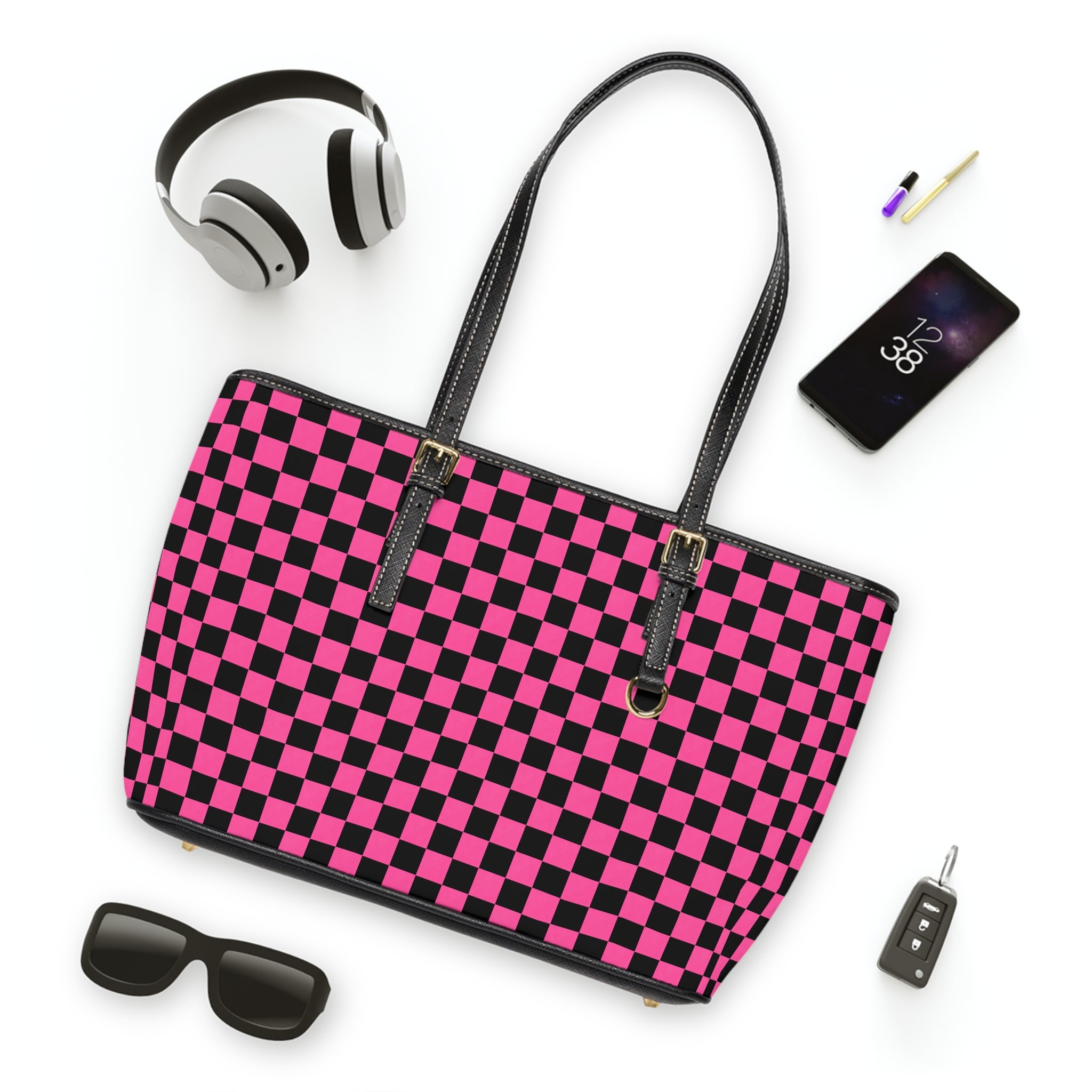 Pink & Black Checkerboard PU Shoulder Bag — Trendy Tote for Everyday Use