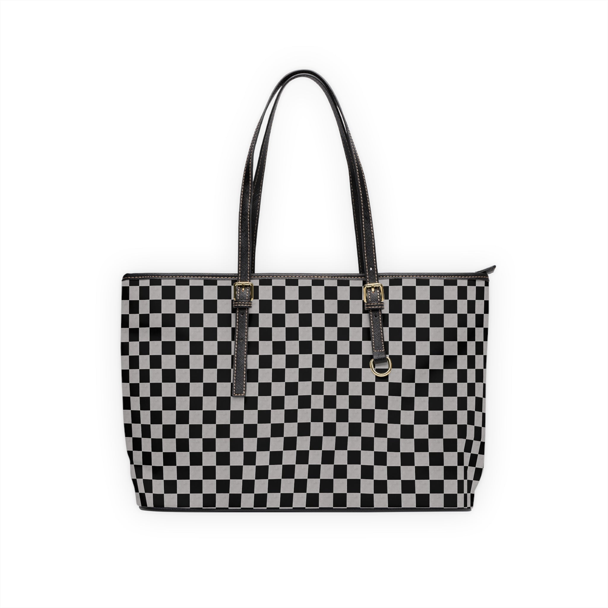 Checkered PU Leather Shoulder Bag — Black & White Tote with Classic Checkerboard Pattern