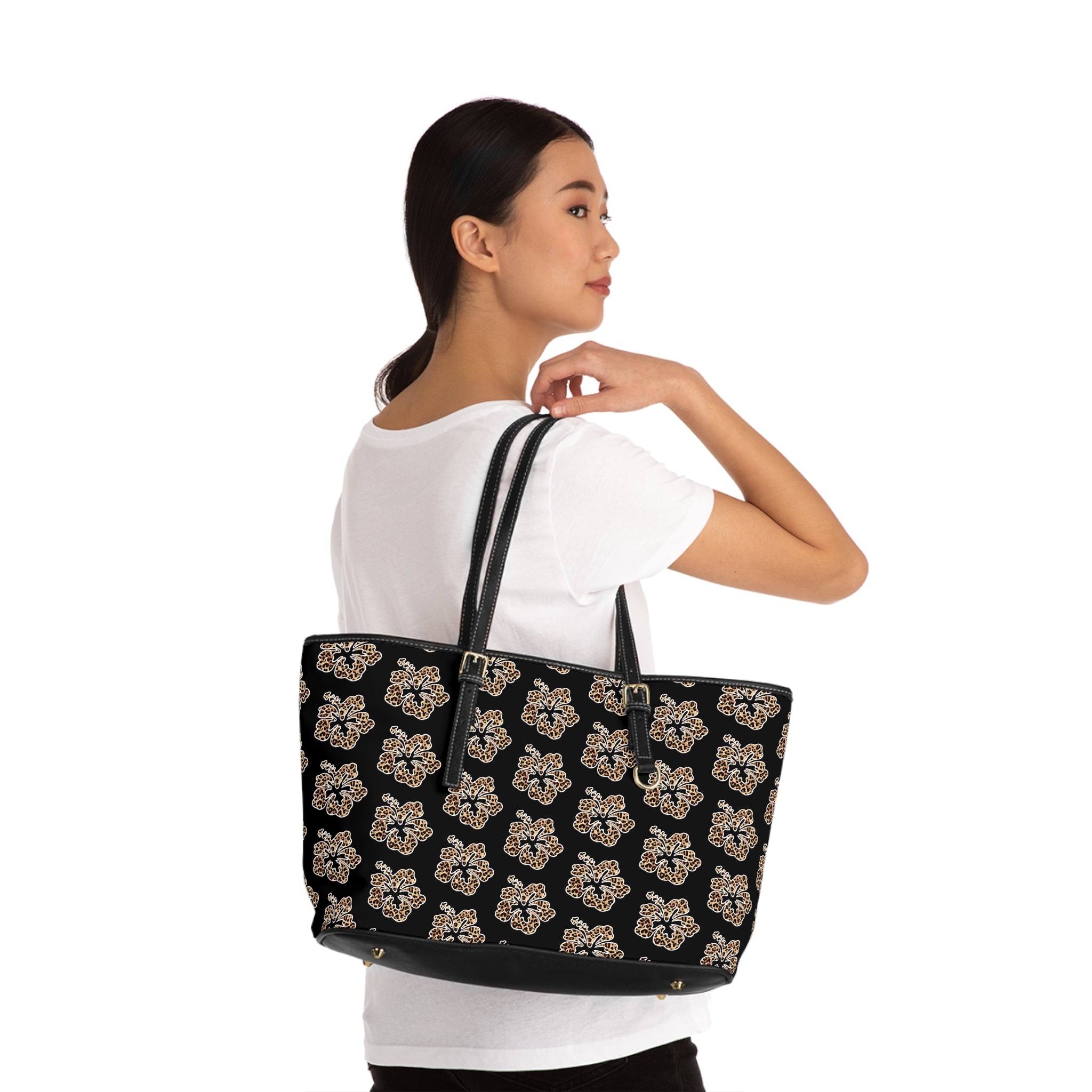 Leopard Floral PU Leather Shoulder Bag — Chic Black Tote for Everyday & Work