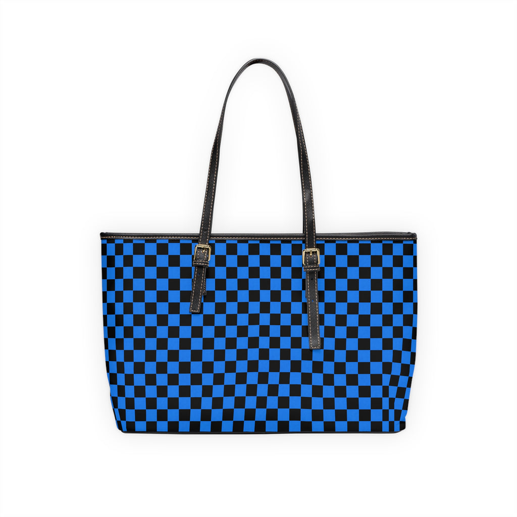 Blue/Black Checkerboard PU Leather Shoulder Bag — Stylish Tote for Everyday Use