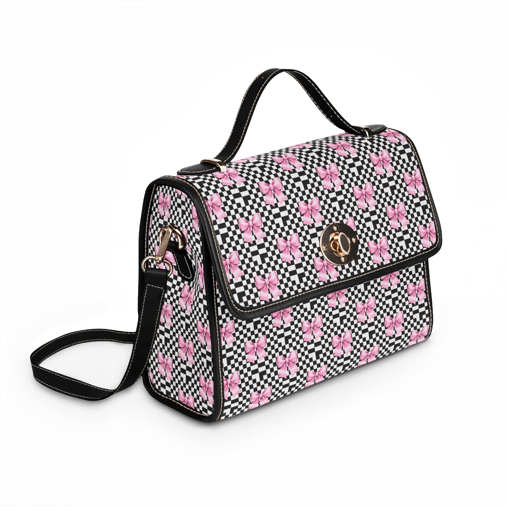Pink Bow Black and White Checkered Pattern Waterproof Canvas Bag