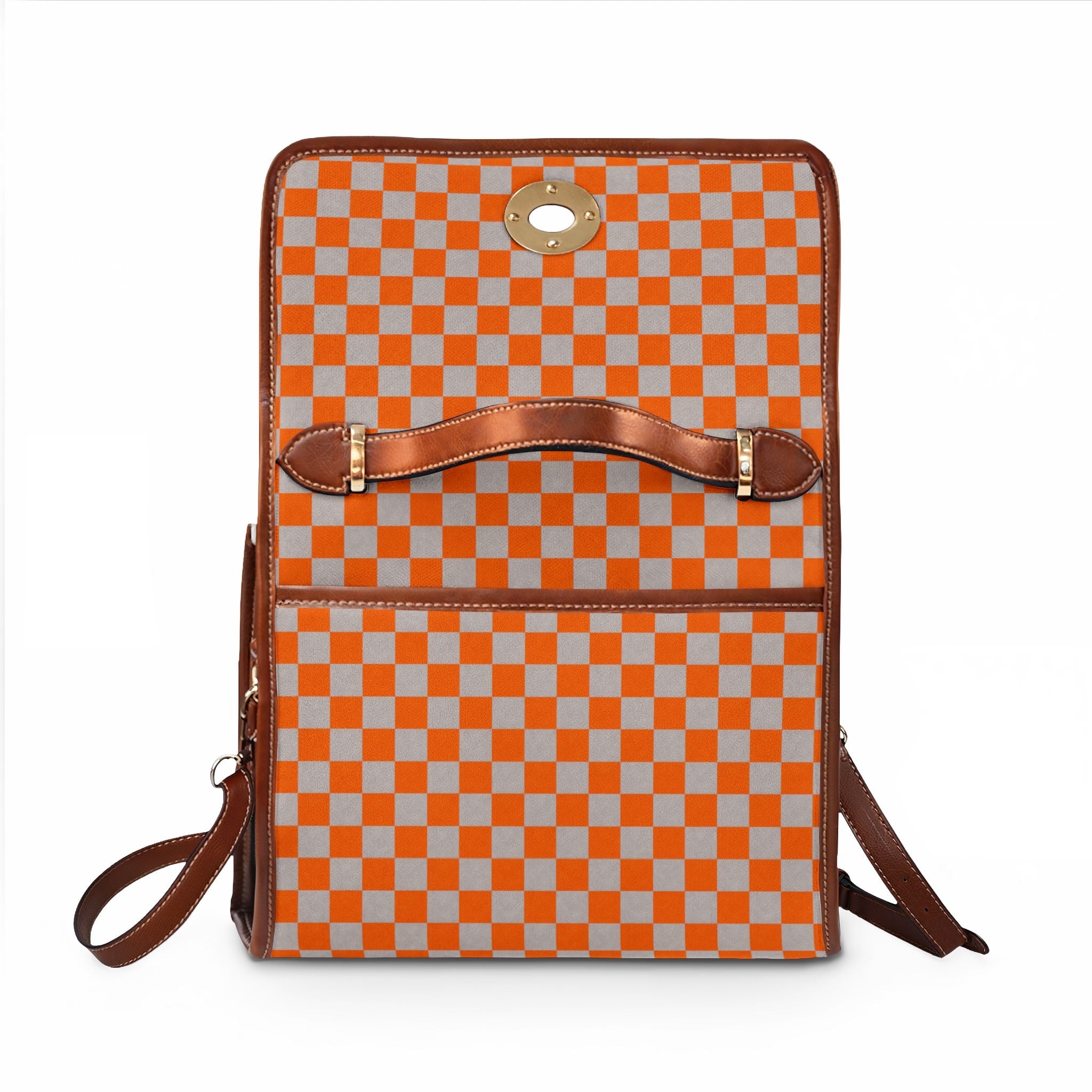 Grey and Orange Checkerboard Pattern Waterproof Canvas Bag