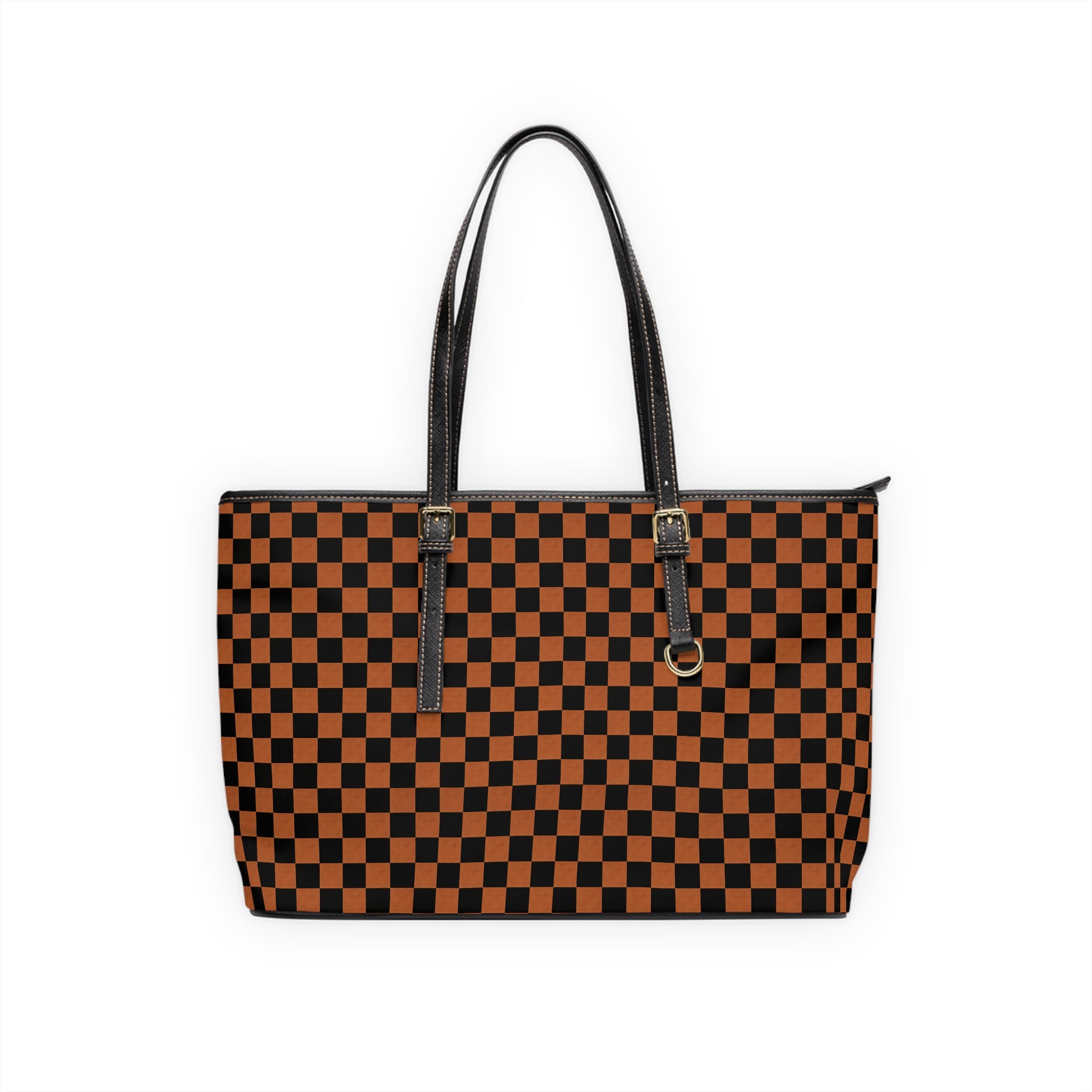 Checkerboard PU Leather Shoulder Bag — Black & Brown Tote