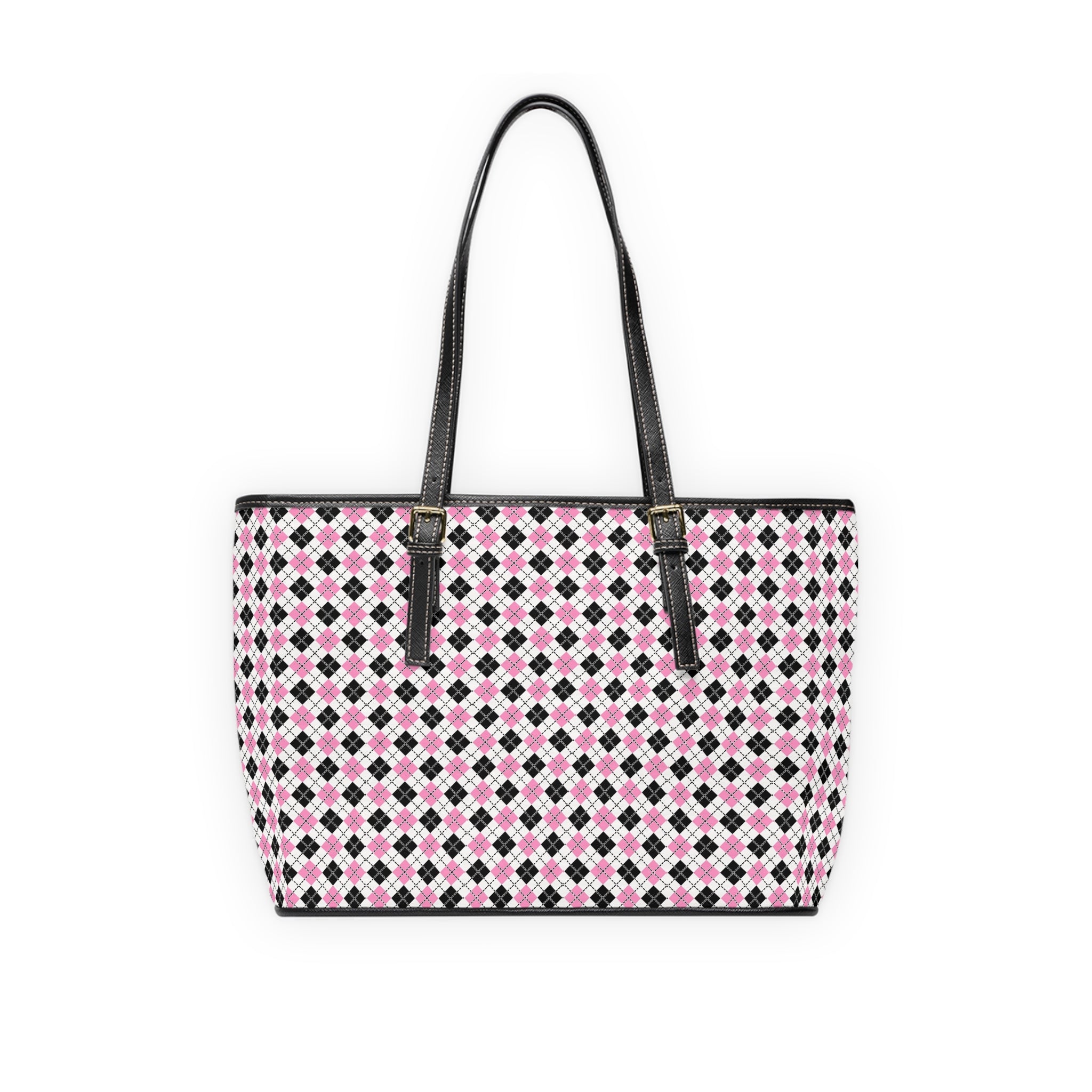 Pink Black Argyle Pattern Shoulder Bag | Geometric Tote, PU Leather