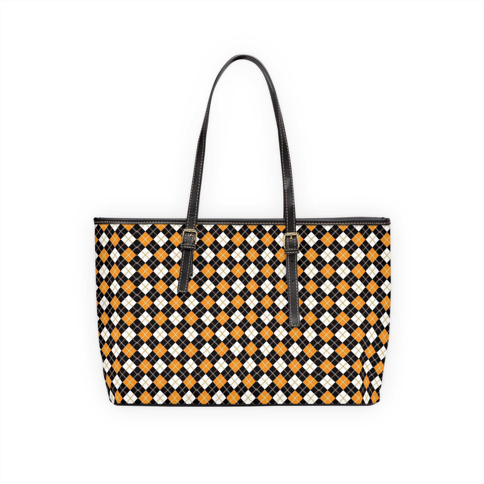 Black Orange White Argyle Pattern PU Leather Shoulder Bag | Plaid Tote