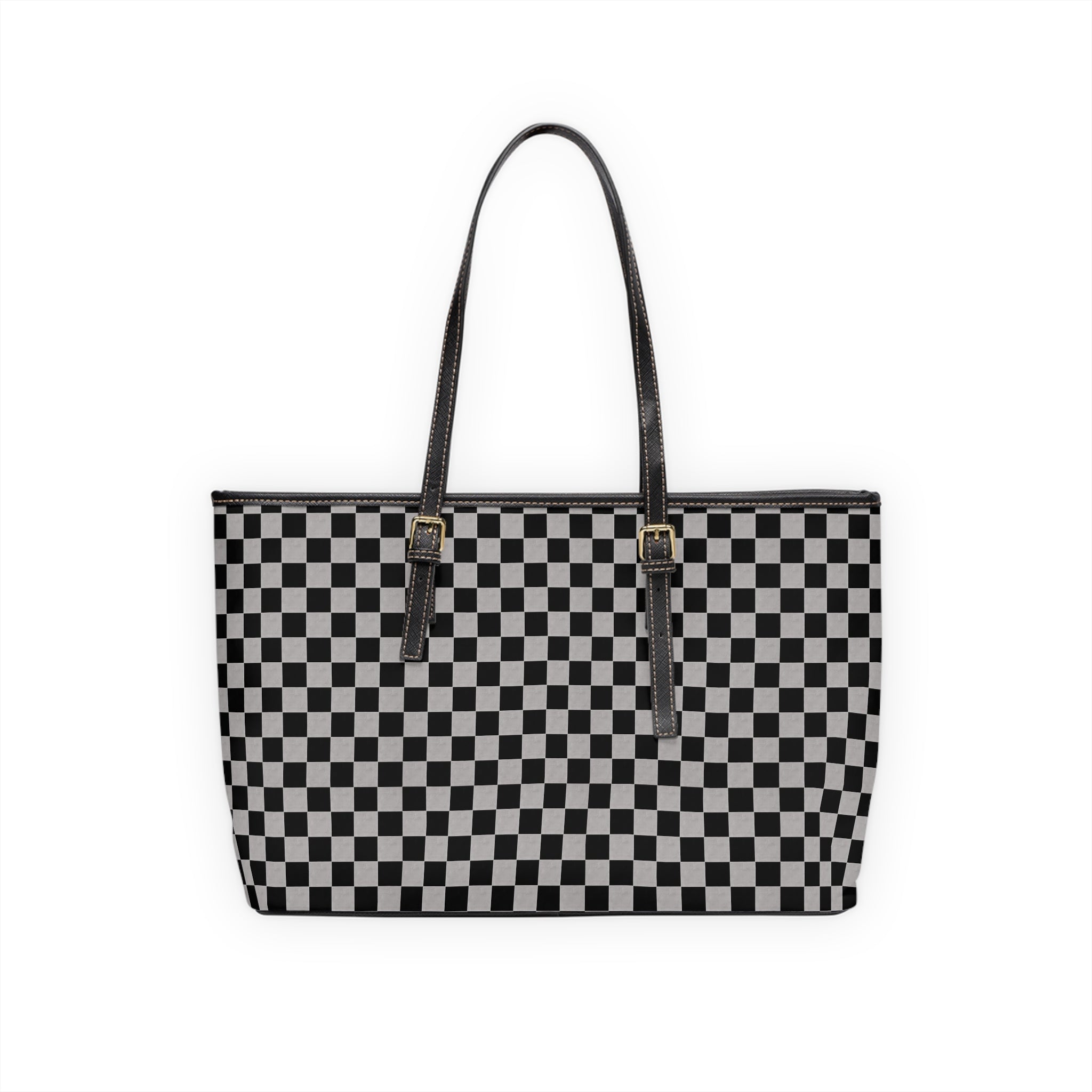 Checkered PU Leather Shoulder Bag — Black & White Tote with Classic Checkerboard Pattern