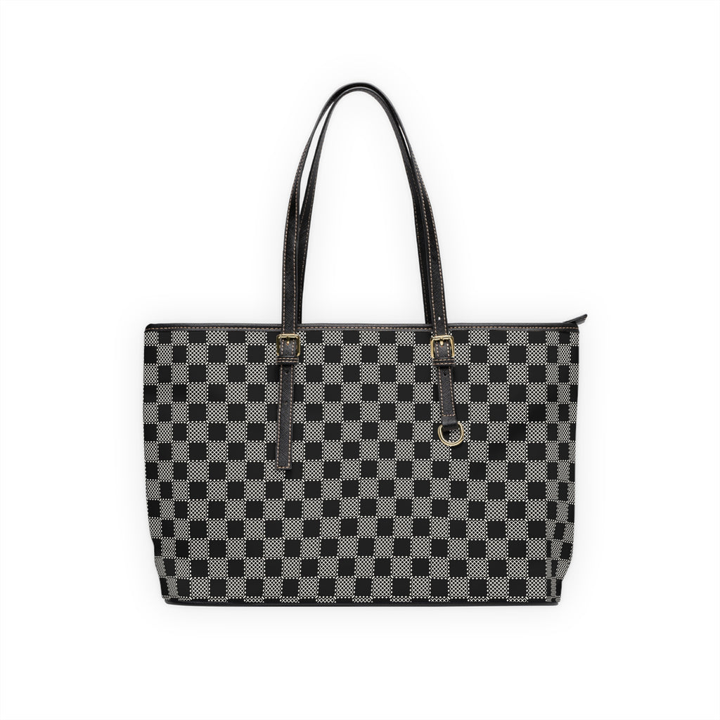 Checkerboard PU Shoulder Bag – Black Gray Tote for Everyday & Work