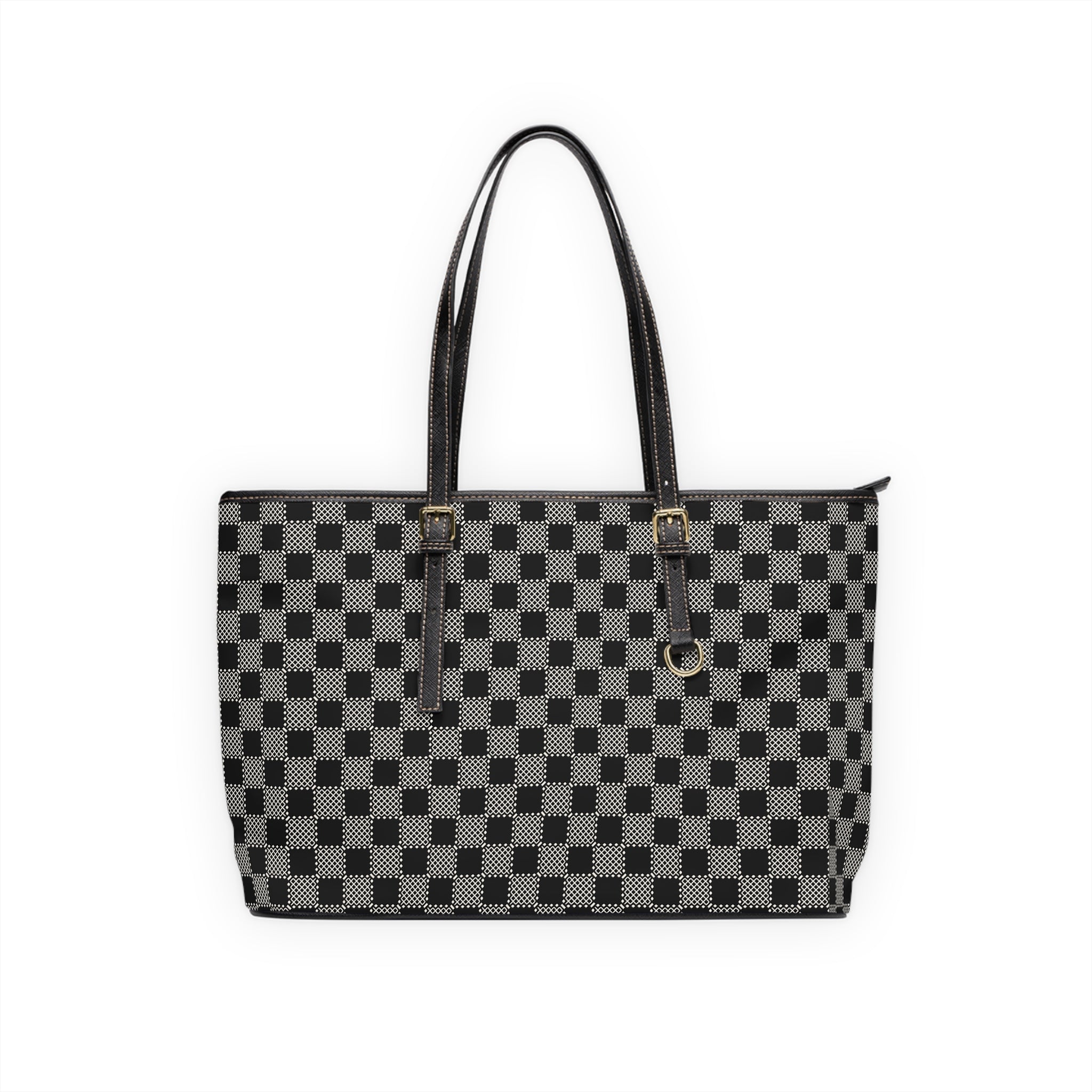 Checkerboard PU Shoulder Bag – Black Gray Tote for Everyday & Work