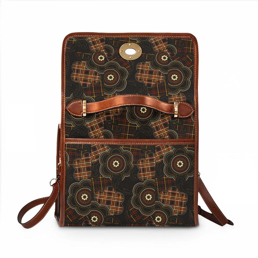 Flower with Plaid Pattern Brown Waterproof Canvas Bag