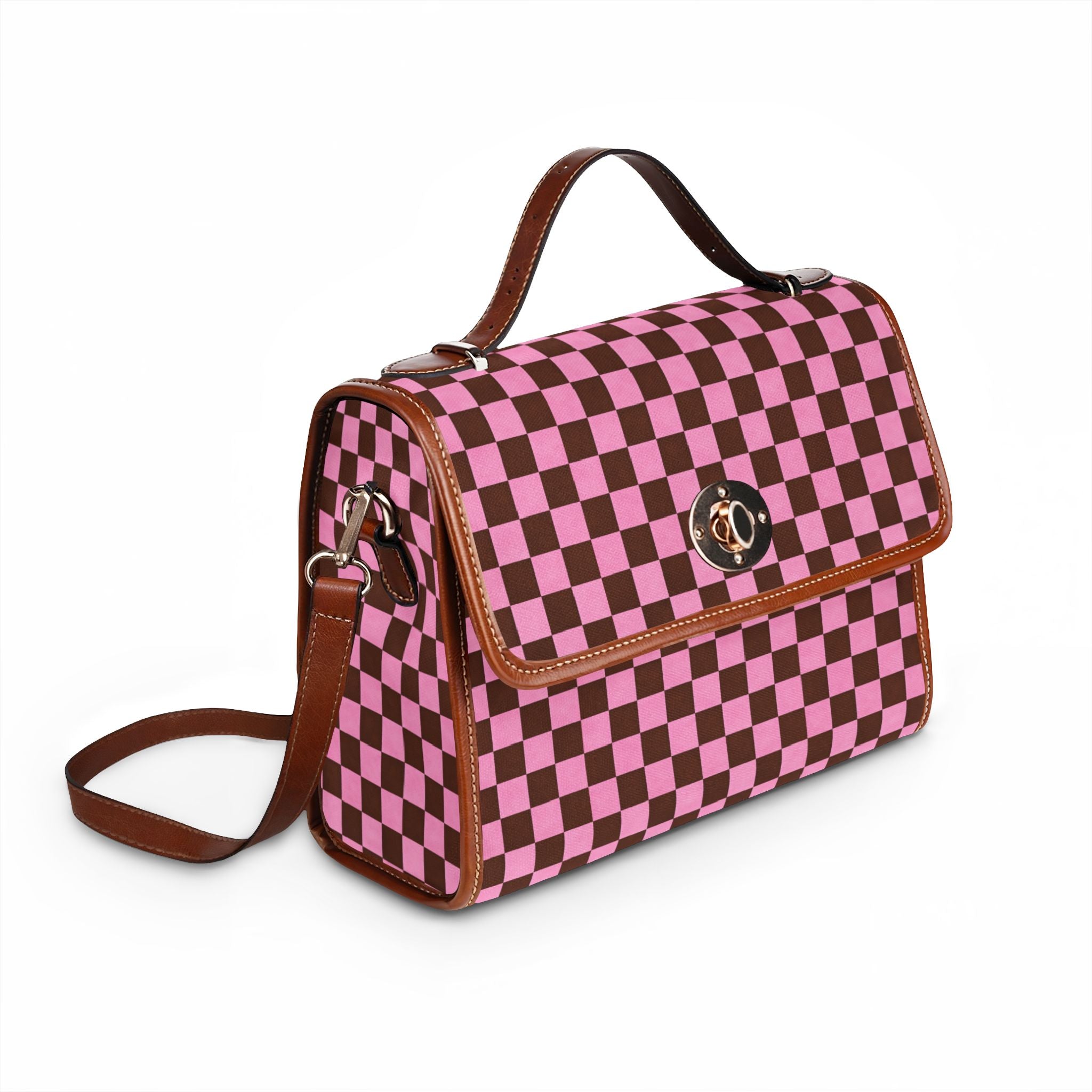 Pink Brown Checkerboard Waterproof Canvas Bag | Tote, Shoulder Bag