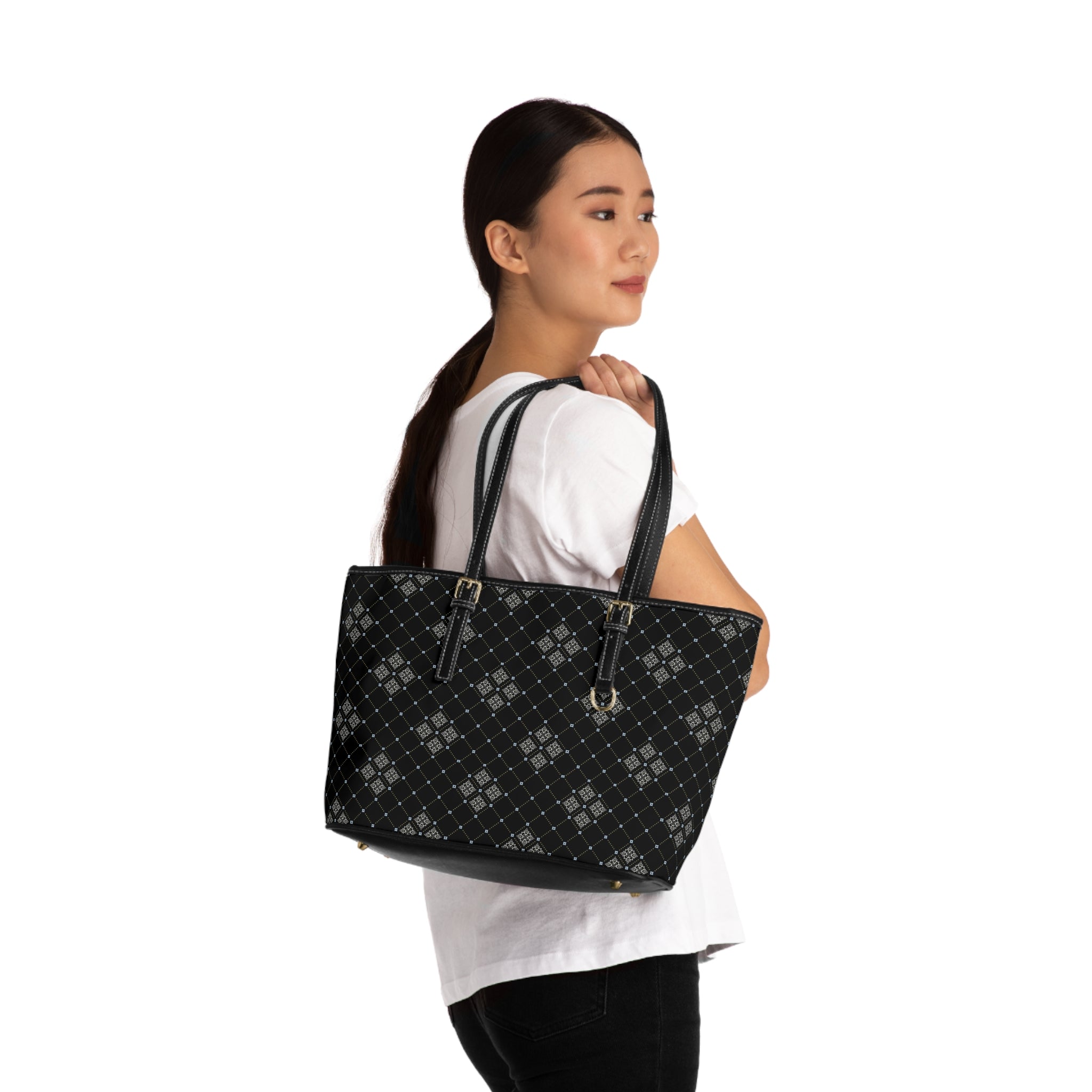 Black Argyle PU Leather Shoulder Bag – Stylish Tote for Work & Everyday
