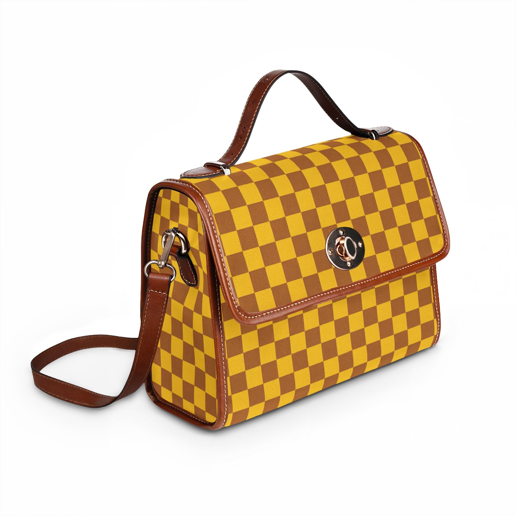 Yellow Brown Checkered Waterproof Canvas Bag | Checkerboard Satchel Tote