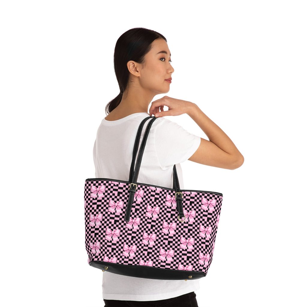 Pink Bow Checker Tote Bag — PU Leather Shoulder Tote