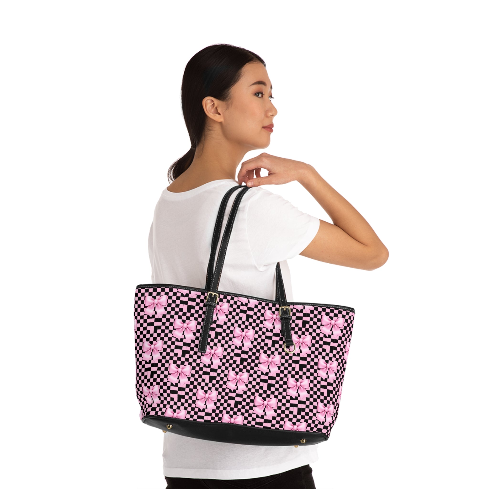 Pink Bow Checker Tote Bag — PU Leather Shoulder Tote