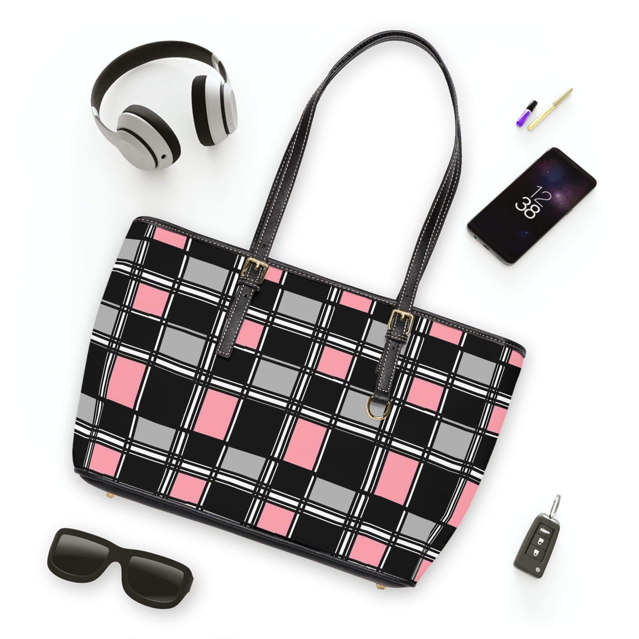 Pink & Black Plaid PU Leather Shoulder Bag