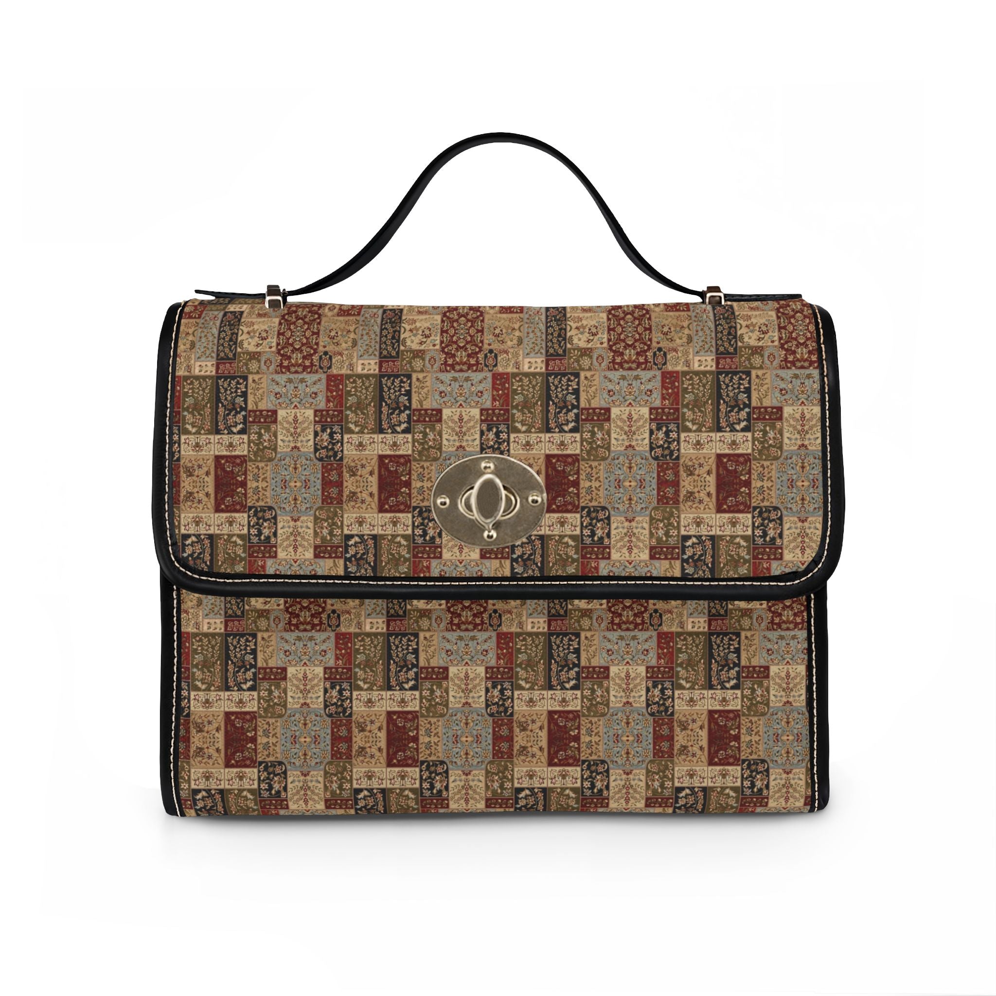 Patchwork Vintage Tile Waterproof Canvas Bag | Brown Leather Trim