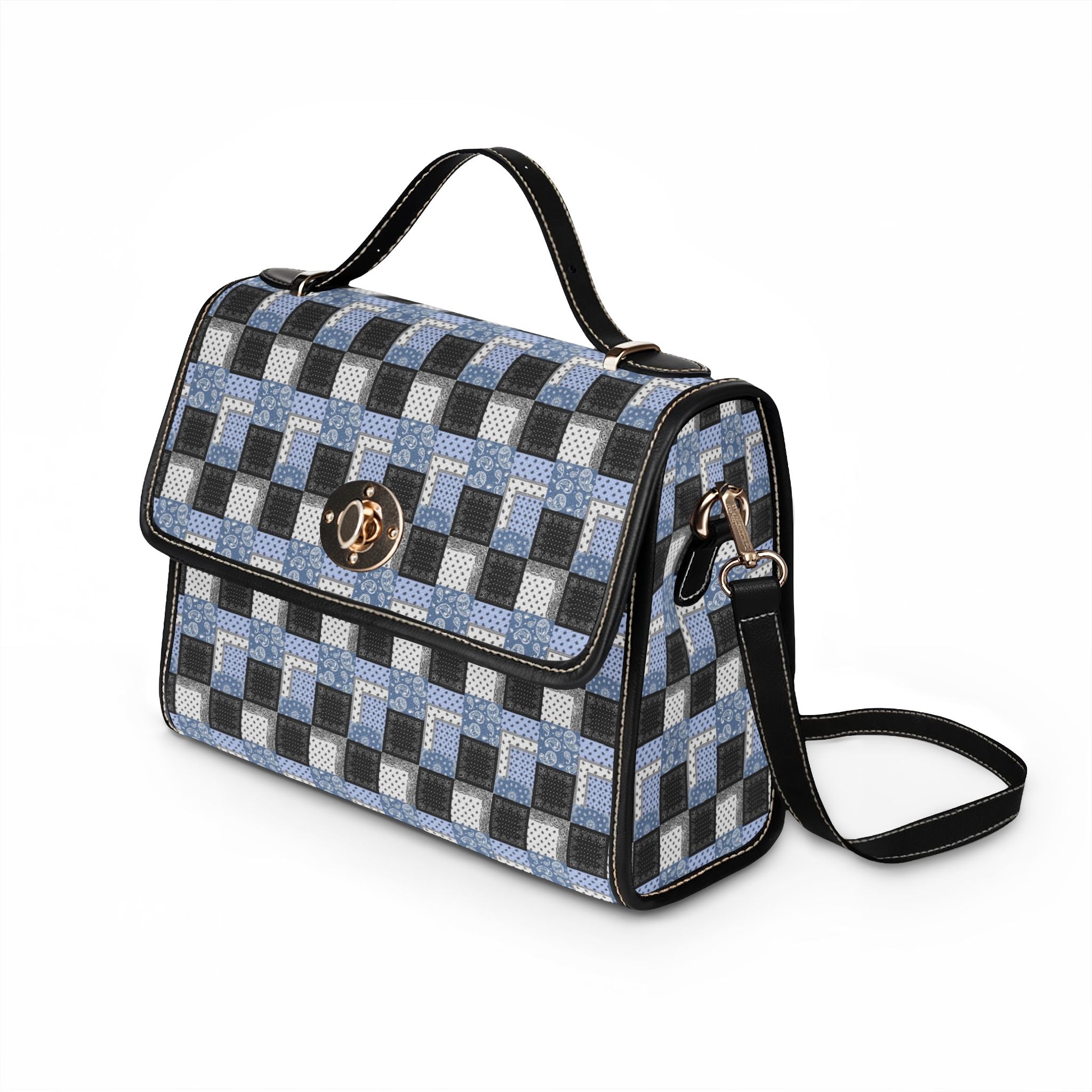Blue Gray Geometric Checkered Waterproof Canvas Bag | Crossbody Tote