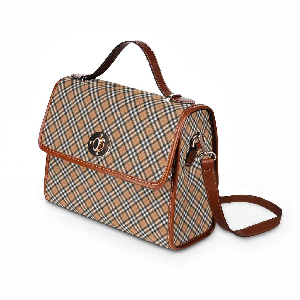 Tan Plaid Handbag Waterproof Canvas Bag | Vintage Check Pattern, Leather Trim