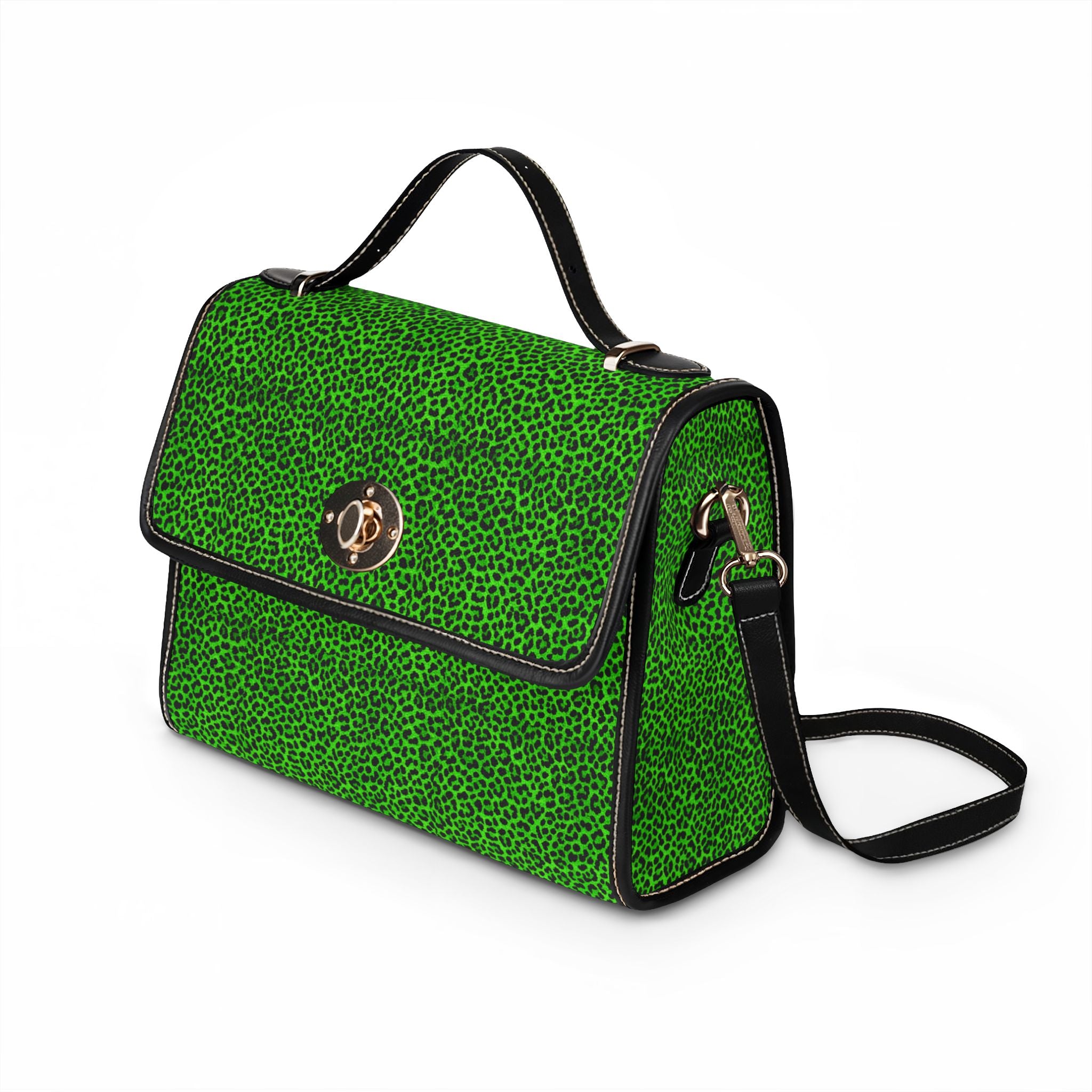 Green Leopard Print Waterproof Canvas Bag | Top Handle Satchel, Crossbody Strap