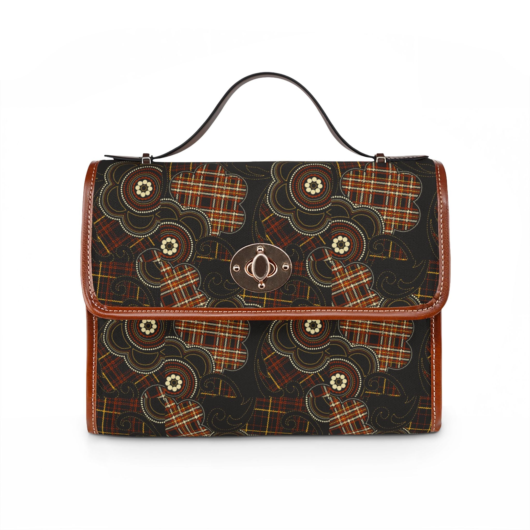 Flower with Plaid Pattern Brown Waterproof Canvas Bag