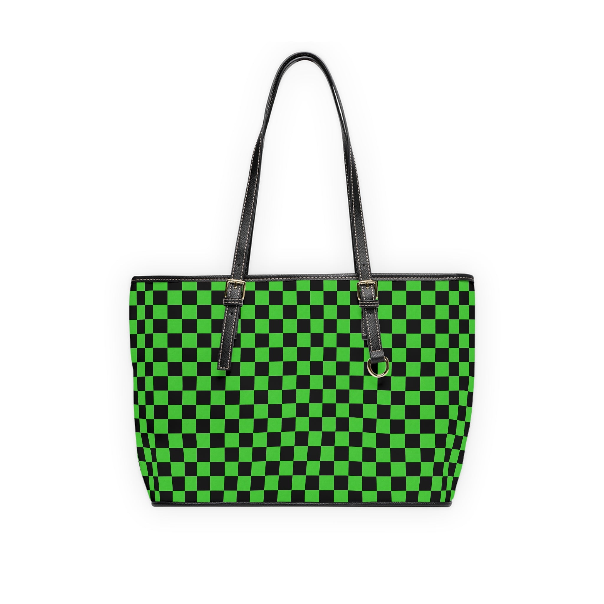 Green Checkerboard PU Leather Shoulder Bag — Retro Skate Tote