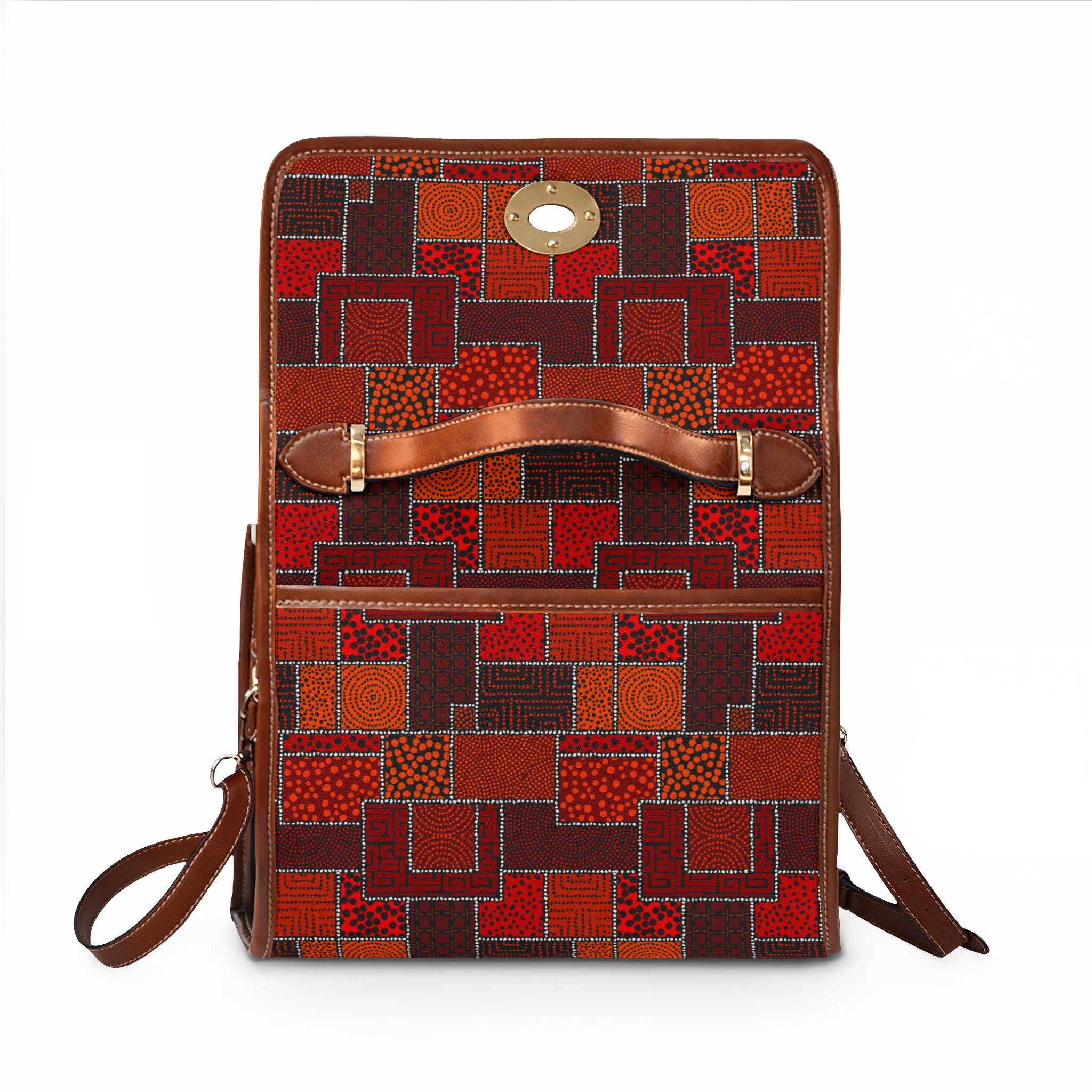 Geometric Patchwork Pattern Waterproof Canvas Bag | Red Orange Squares