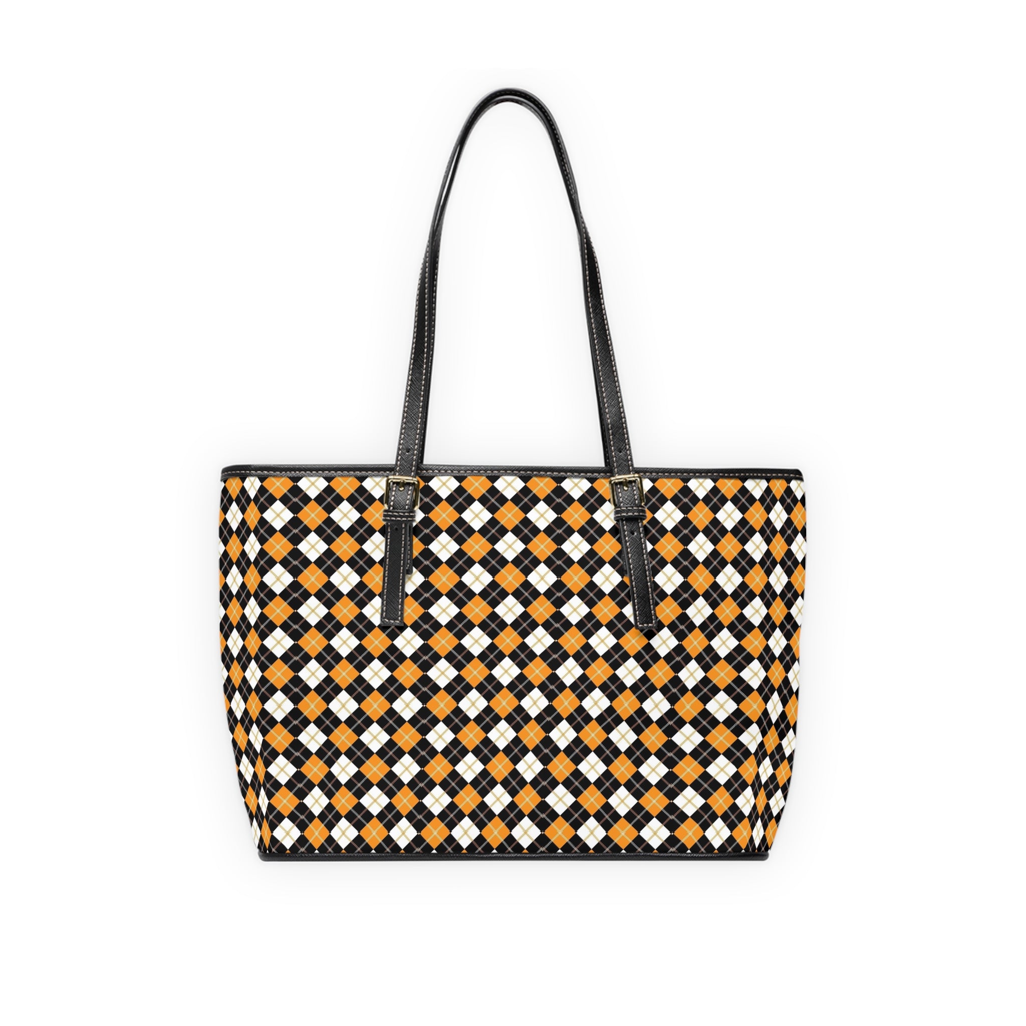 Black Orange White Argyle Pattern PU Leather Shoulder Bag | Plaid Tote