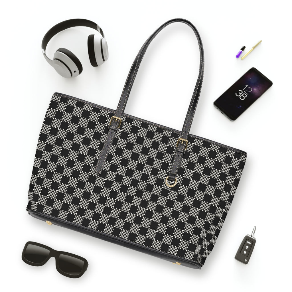 Checkerboard PU Shoulder Bag – Black Gray Tote for Everyday & Work