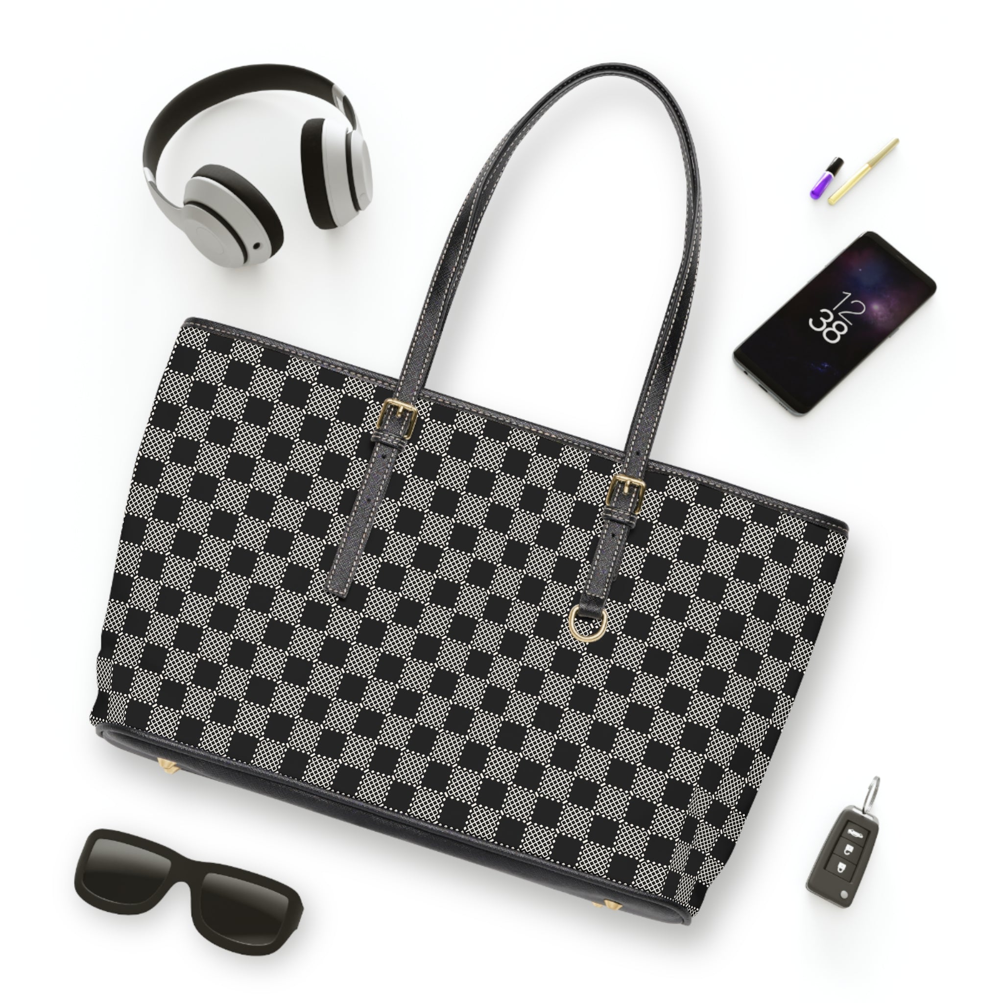 Checkerboard PU Shoulder Bag – Black Gray Tote for Everyday & Work
