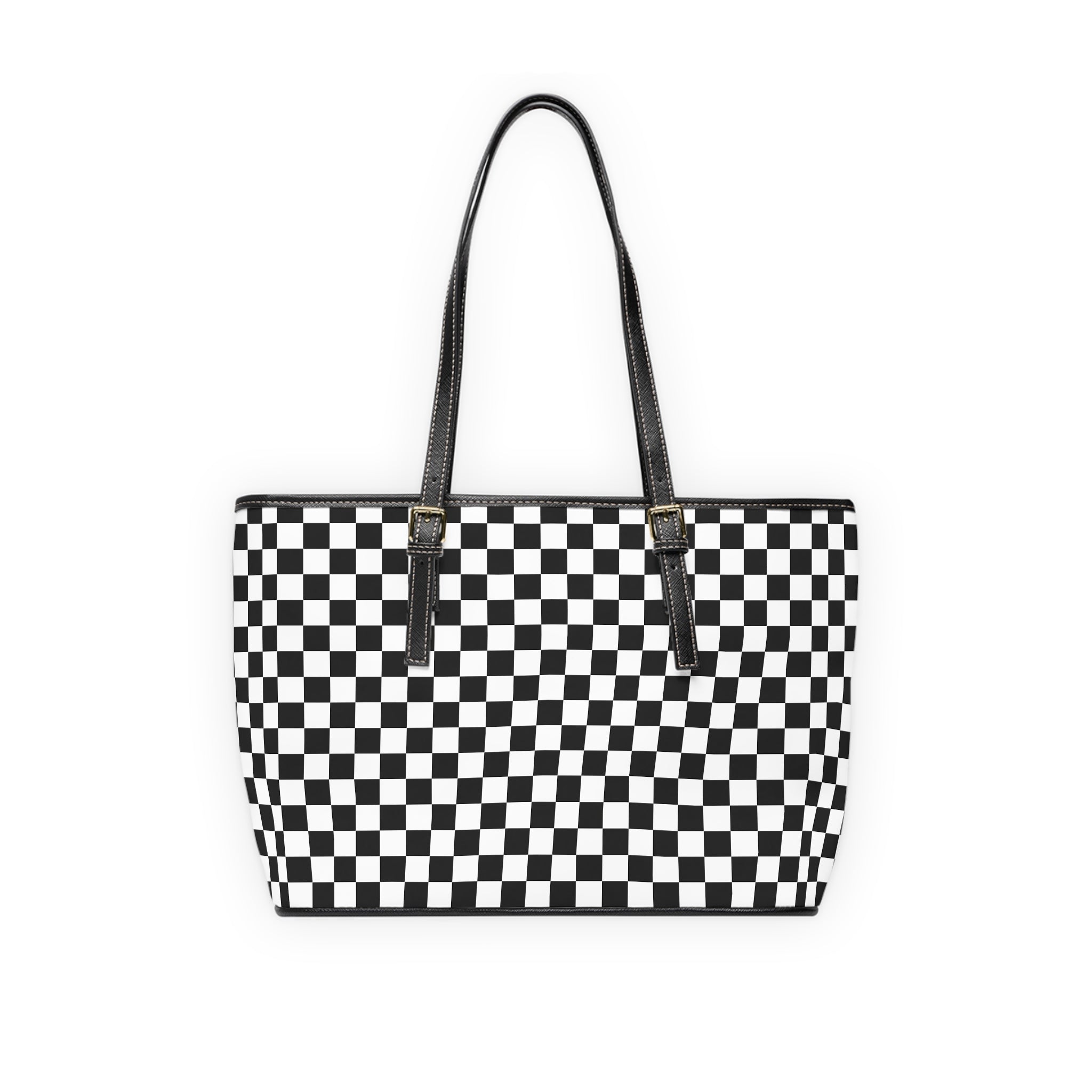 Checkerboard PU Leather Shoulder Bag – Black & White Tote