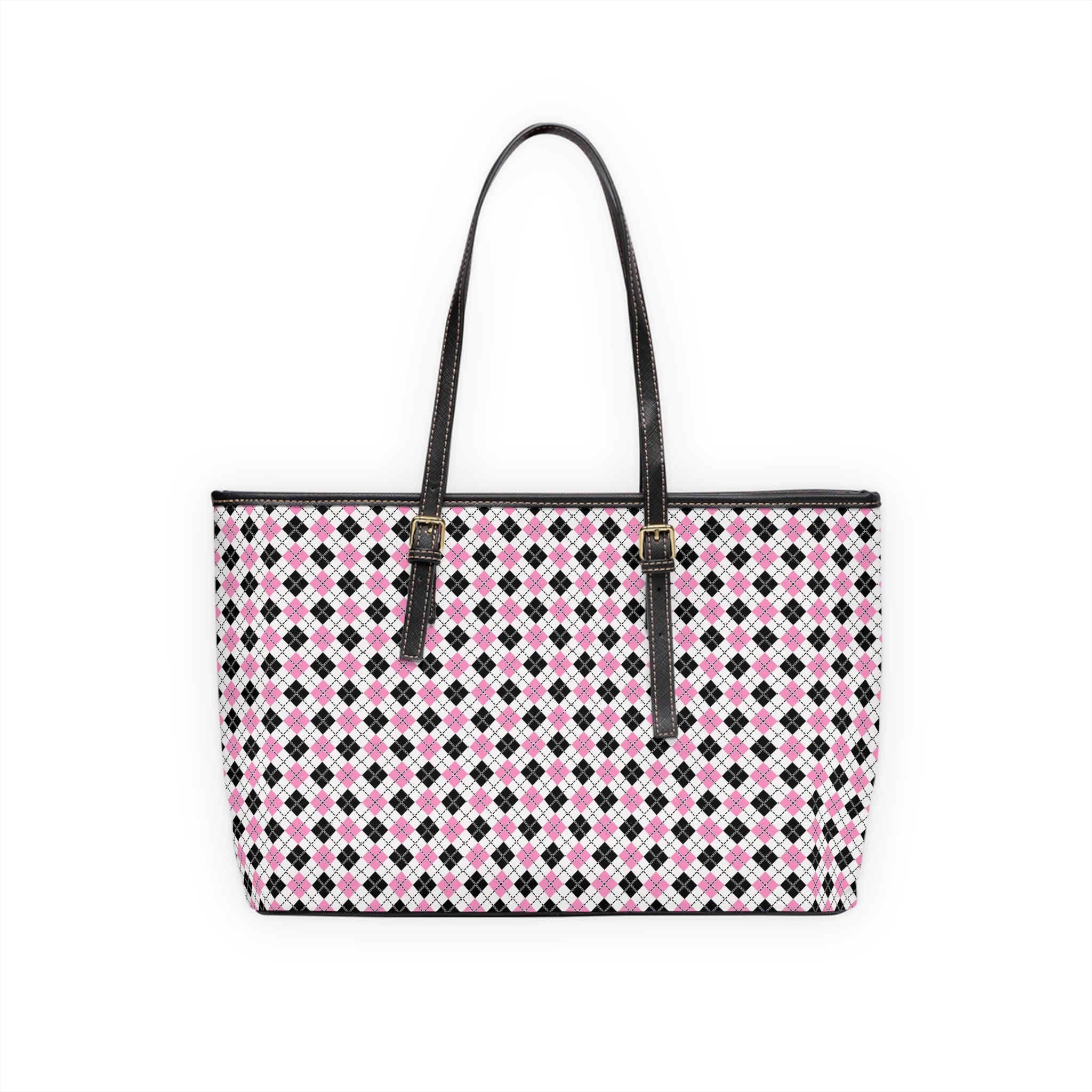 Pink Black Argyle Pattern Shoulder Bag | Geometric Tote, PU Leather