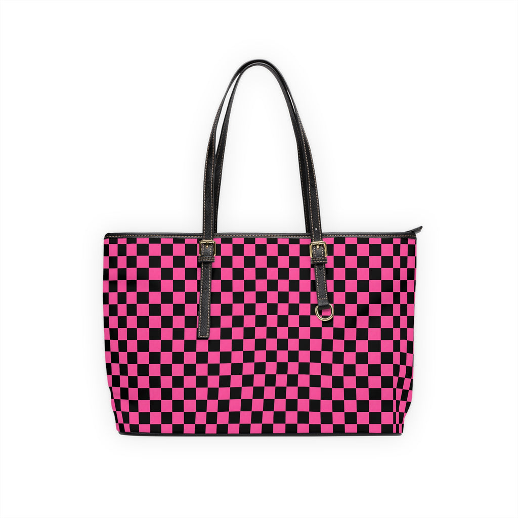 Pink & Black Checkerboard PU Shoulder Bag — Trendy Tote for Everyday Use