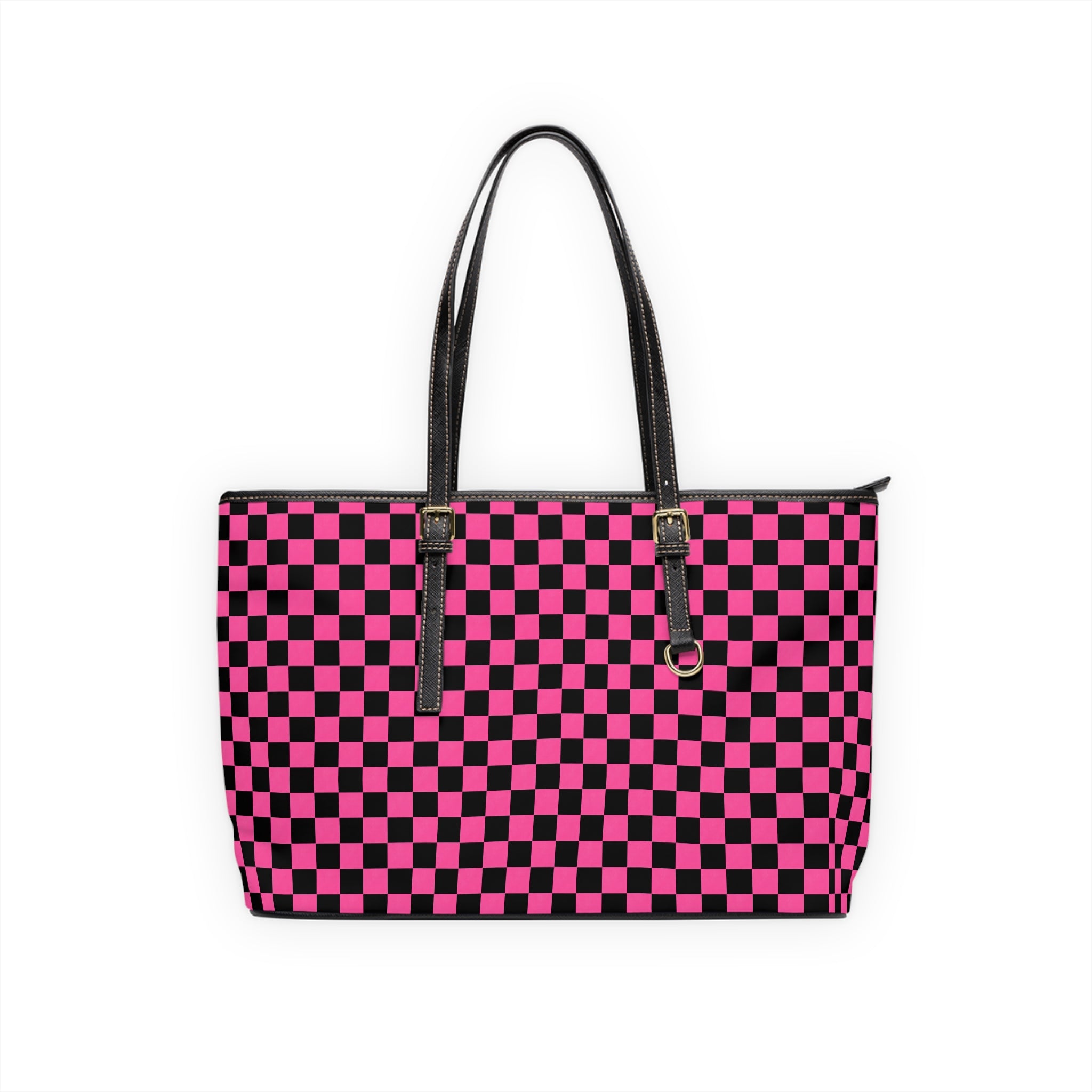 Pink & Black Checkerboard PU Shoulder Bag — Trendy Tote for Everyday Use