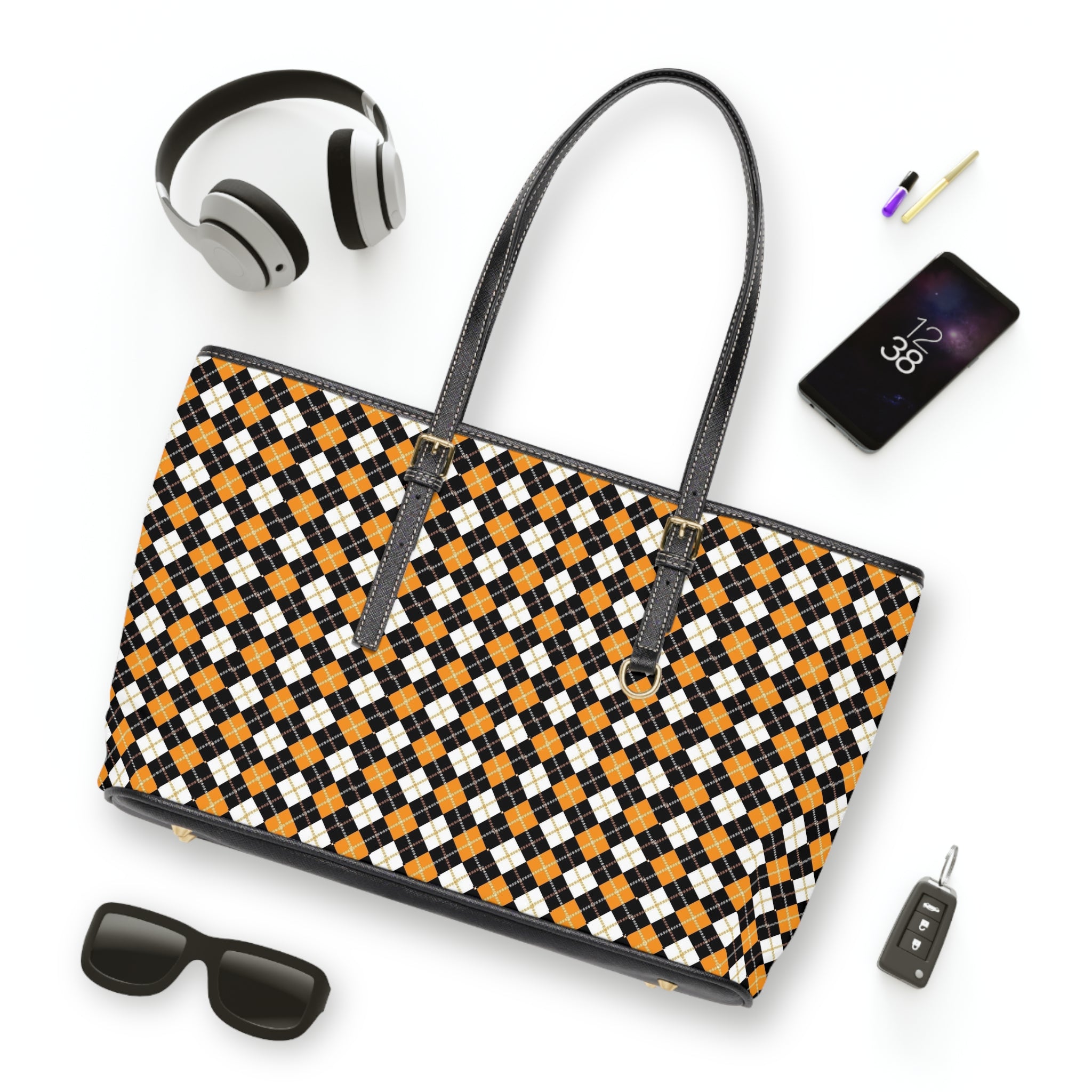 Black Orange White Argyle Pattern PU Leather Shoulder Bag | Plaid Tote