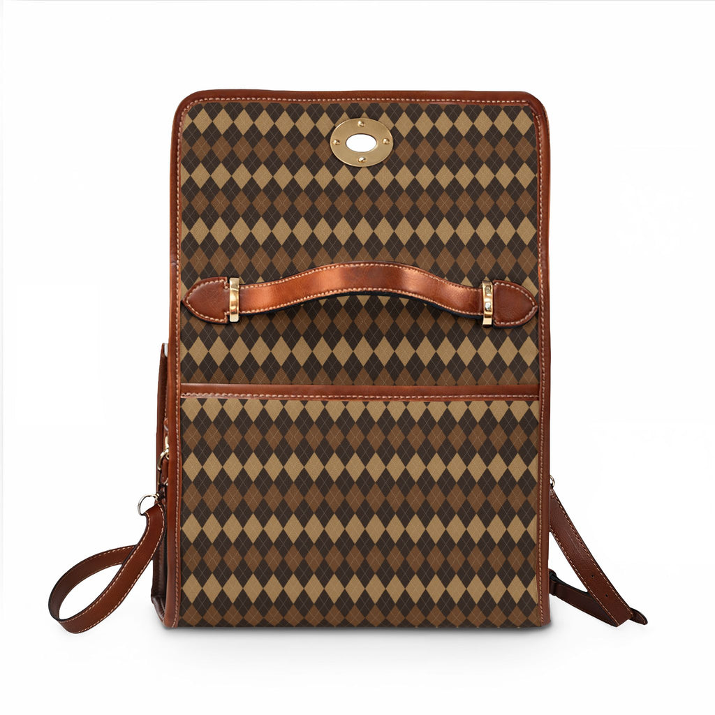 Brown Argyle Pattern Waterproof Canvas Bag | Diamond Check Satchel
