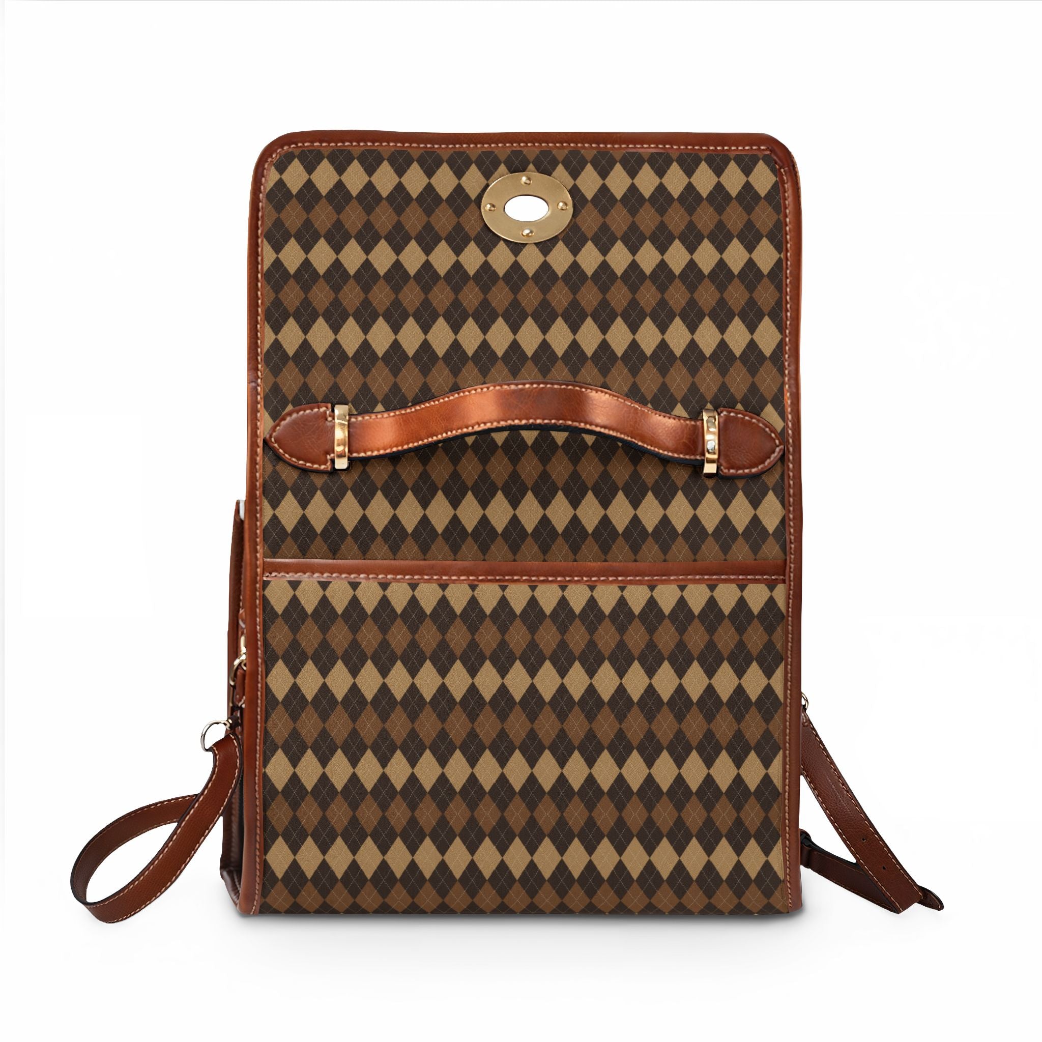 Brown Argyle Pattern Waterproof Canvas Bag | Diamond Check Satchel