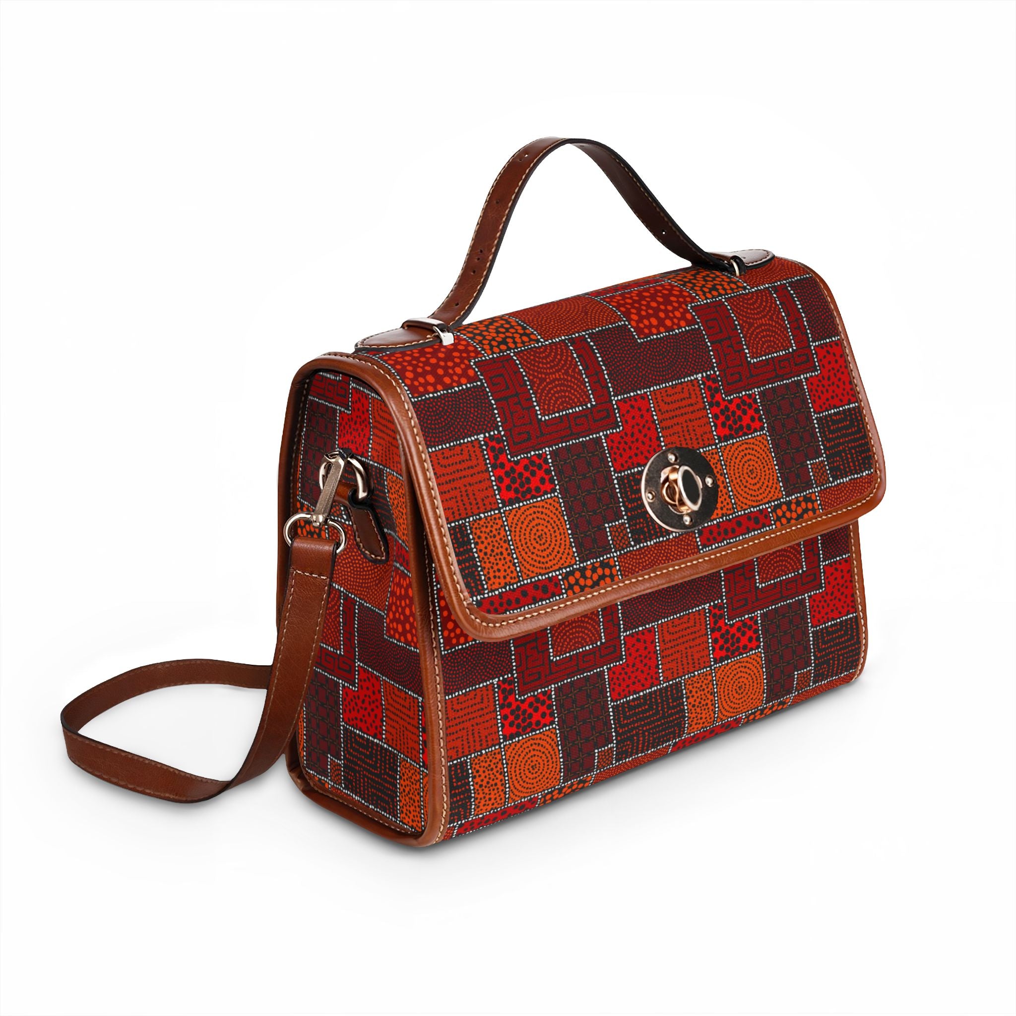 Geometric Patchwork Pattern Waterproof Canvas Bag | Red Orange Squares