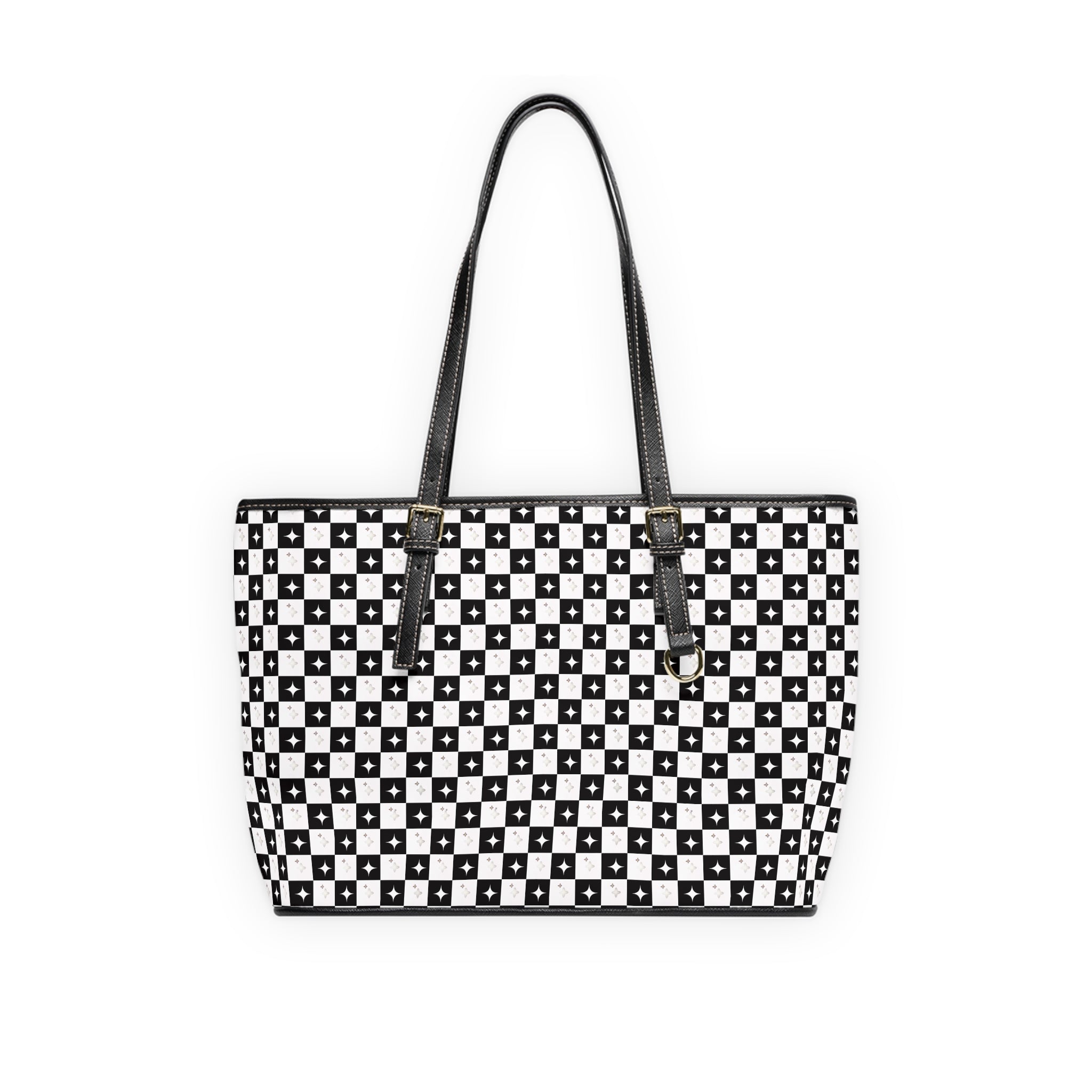 Checkerboard PU Leather Shoulder Bag – Black & White Patterned Tote
