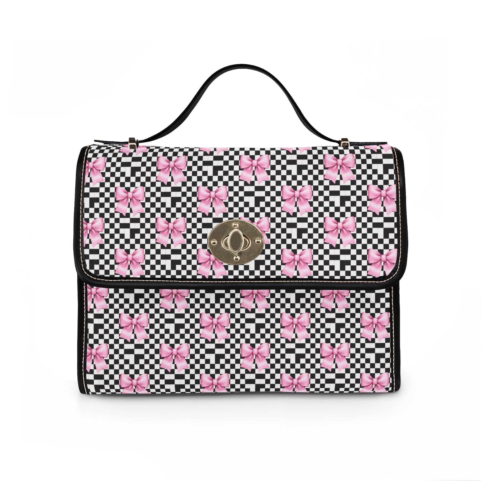 Pink Bow Black and White Checkered Pattern Waterproof Canvas Bag