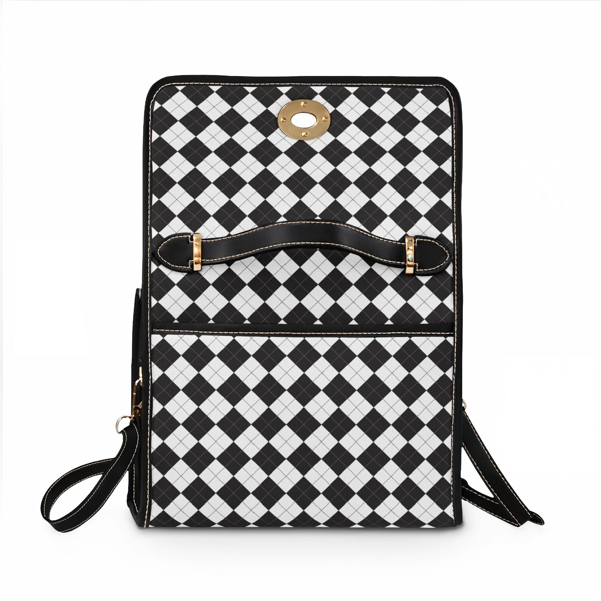 Black White Argyle Pattern Waterproof Canvas Bag | Checkered Satchel, Crossbody
