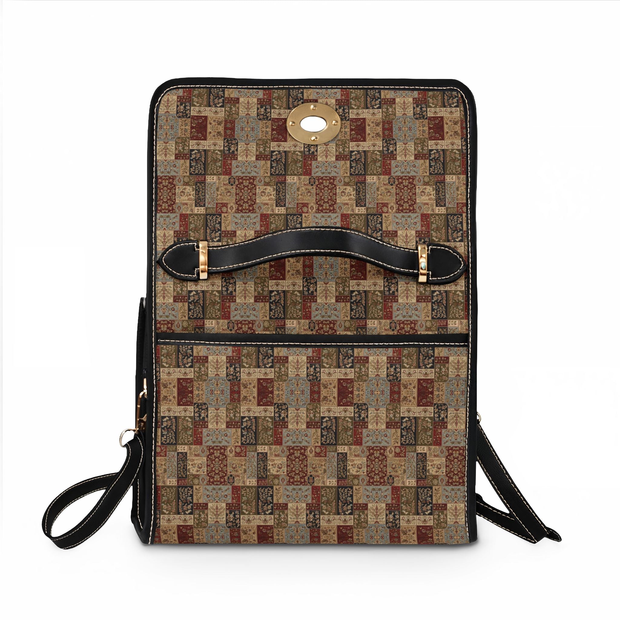 Patchwork Vintage Tile Waterproof Canvas Bag | Brown Leather Trim